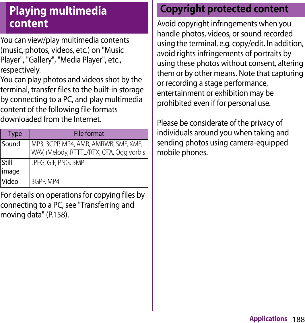 188ApplicationsYou can view/play multimedia contents (music, photos, videos, etc.) on &quot;Music Player&quot;, &quot;Gallery&quot;, &quot;Media Player&quot;, etc., respectively.You can play photos and videos shot by the terminal, transfer files to the built-in storage by connecting to a PC, and play multimedia content of the following file formats downloaded from the Internet.For details on operations for copying files by connecting to a PC, see &quot;Transferring and moving data&quot; (P.158).Avoid copyright infringements when you handle photos, videos, or sound recorded using the terminal, e.g. copy/edit. In addition, avoid rights infringements of portraits by using these photos without consent, altering them or by other means. Note that capturing or recording a stage performance, entertainment or exhibition may be prohibited even if for personal use.Please be considerate of the privacy of individuals around you when taking and sending photos using camera-equipped mobile phones.Playing multimedia contentType File formatSoundMP3, 3GPP, MP4, AMR, AMRWB, SMF, XMF, WAV, iMelody, RTTTL/RTX, OTA, Ogg vorbisStill imageJPEG, GIF, PNG, BMPVideo3GPP, MP4Copyright protected content