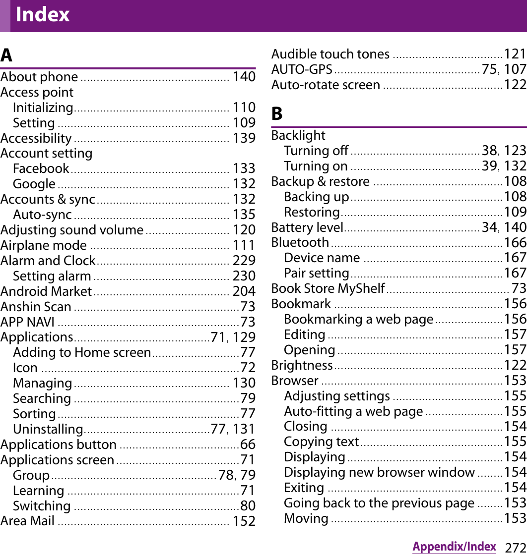 272Appendix/IndexAAbout phone .............................................. 140Access pointInitializing................................................ 110Setting ..................................................... 109Accessibility ................................................ 139Account settingFacebook................................................. 133Google ..................................................... 132Accounts &amp; sync......................................... 132Auto-sync ................................................ 135Adjusting sound volume.......................... 120Airplane mode ........................................... 111Alarm and Clock......................................... 229Setting alarm .......................................... 230Android Market.......................................... 204Anshin Scan ................................................... 73APP NAVI ........................................................ 73Applications. .........................................71, 129Adding to Home screen........................... 77Icon ............................................................. 72Managing................................................ 130Searching ................................................... 79Sorting........................................................ 77Uninstalling.......................................77, 131Applications button ..................................... 66Applications screen...................................... 71Group................................................... 78, 79Learning ..................................................... 71Switching ................................................... 80Area Mail ...... ............................................... 152Audible touch tones ........................... ....... 121AUTO-GPS............................................. 75, 107Auto-rotate screen .............................. .......122BBacklightTurning off ........................................ 38, 123Turning on ........................................ 39, 132Backup &amp; restore ........................................ 108Backing up........................................ .......108Restoring.................................................. 109Battery level.......................................... 34, 140Bluetooth.............................................. ....... 166Device name .................................... ....... 167Pair setting............................................... 167Book Store MyShelf...................................... 73Bookmark ............................................. ....... 156Bookmarking a web page..................... 156Editing ...................................................... 157Opening ............................................ ....... 157Brightness........................ ............................ 122Browser ........................................................ 153Adjusting settings .................................. 155Auto-fitting a web page ........................ 155Closing ..................................................... 154Copying text................ ............................ 155Displaying................................................ 154Displaying new browser window . ....... 154Exiting ............................................... ....... 154Going back to the previous page . ....... 153Moving ..................................................... 153Index