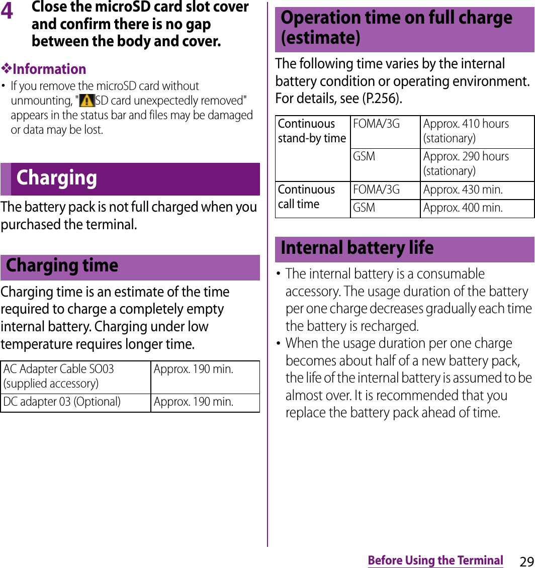 29Before Using the Terminal4Close the microSD card slot cover and confirm there is no gap between the body and cover.❖Information･If you remove the microSD card without unmounting, &quot; SD card unexpectedly removed&quot; appears in the status bar and files may be damaged or data may be lost.The battery pack is not full charged when you purchased the terminal.Charging time is an estimate of the time required to charge a completely empty internal battery. Charging under low temperature requires longer time.The following time varies by the internal battery condition or operating environment. For details, see (P.256).･The internal battery is a consumable accessory. The usage duration of the battery per one charge decreases gradually each time the battery is recharged.･When the usage duration per one charge becomes about half of a new battery pack, the life of the internal battery is assumed to be almost over. It is recommended that you replace the battery pack ahead of time.ChargingCharging timeAC Adapter Cable SO03 (supplied accessory)Approx. 190 min.DC adapter 03 (Optional) Approx. 190 min.Operation time on full charge (estimate)Continuous stand-by timeFOMA/3G Approx. 410 hours (stationary)GSM Approx. 290 hours (stationary)Continuous call timeFOMA/3G Approx. 430 min.GSM Approx. 400 min.Internal battery life