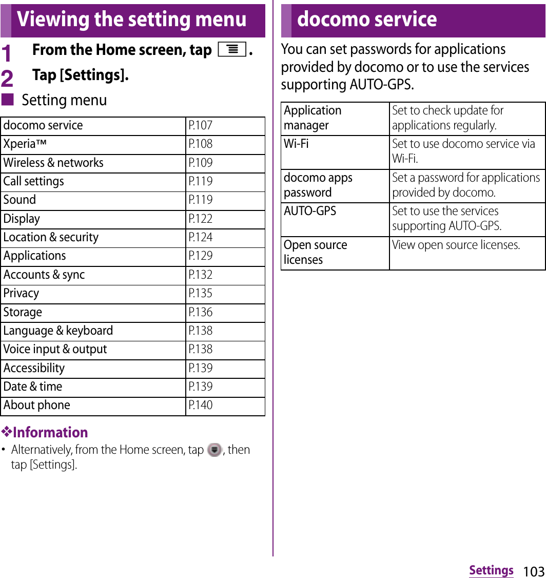 103SettingsSettings1From the Home screen, tap t.2Tap [Settings].■ Setting menu❖Information･Alternatively, from the Home screen, tap  , then tap [Settings].You can set passwords for applications provided by docomo or to use the services supporting AUTO-GPS.Viewing the setting menudocomo serviceP.107Xperia™P.108Wireless &amp; networksP.109Call settingsP.119SoundP.119DisplayP.122Location &amp; securityP.124ApplicationsP.129Accounts &amp; syncP.132PrivacyP.135StorageP.136Language &amp; keyboardP.138Voice input &amp; outputP.138AccessibilityP.139Date &amp; timeP.139About phoneP.140docomo serviceApplication managerSet to check update for applications regularly.Wi-FiSet to use docomo service via Wi-Fi.docomo apps passwordSet a password for applications provided by docomo.AUTO-GPSSet to use the services supporting AUTO-GPS.Open source licensesView open source licenses.