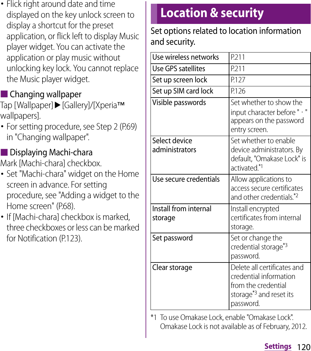 120Settings･Flick right around date and time displayed on the key unlock screen to display a shortcut for the preset application, or flick left to display Music player widget. You can activate the application or play music without unlocking key lock. You cannot replace the Music player widget.■Changing wallpaperTap [Wallpaper]u[Gallery]/[Xperia™ wallpapers].･For setting procedure, see Step 2 (P.69) in &quot;Changing wallpaper&quot;.■Displaying Machi-charaMark [Machi-chara] checkbox.･Set &quot;Machi-chara&quot; widget on the Home screen in advance. For setting procedure, see &quot;Adding a widget to the Home screen&quot; (P.68).･If [Machi-chara] checkbox is marked, three checkboxes or less can be marked for Notification (P.123).Set options related to location information and security.*1 To use Omakase Lock, enable &quot;Omakase Lock&quot;. Omakase Lock is not available as of February, 2012.Location &amp; securityUse wireless networksP.211Use GPS satellitesP.211Set up screen lockP.127Set up SIM card lockP.126Visible passwordsSet whether to show the input character before &quot;・&quot; appears on the password entry screen.Select device administratorsSet whether to enable device administrators. By default, &quot;Omakase Lock&quot; is activated.*1Use secure credentialsAllow applications to access secure certificates and other credentials.*2Install from internal storageInstall encrypted certificates from internal storage.Set passwordSet or change the credential storage*3 password.Clear storageDelete all certificates and credential information from the credential storage*3 and reset its password.