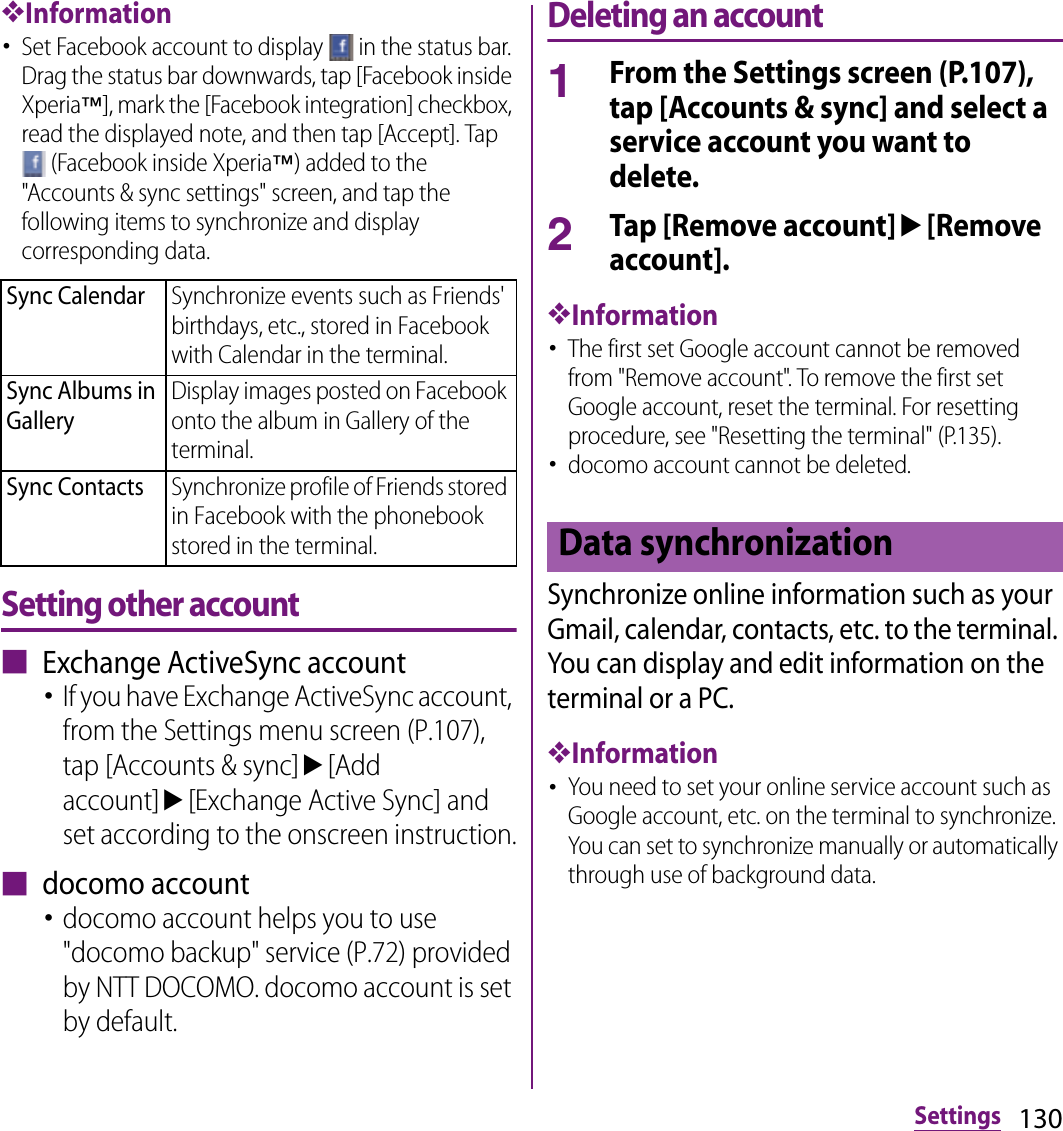 130Settings❖Information･Set Facebook account to display   in the status bar. Drag the status bar downwards, tap [Facebook inside Xperia™], mark the [Facebook integration] checkbox, read the displayed note, and then tap [Accept]. Tap  (Facebook inside Xperia™) added to the &quot;Accounts &amp; sync settings&quot; screen, and tap the following items to synchronize and display corresponding data.Setting other account■ Exchange ActiveSync account･If you have Exchange ActiveSync account, from the Settings menu screen (P.107), tap [Accounts &amp; sync]u[Add account]u[Exchange Active Sync] and set according to the onscreen instruction.■ docomo account･docomo account helps you to use &quot;docomo backup&quot; service (P.72) provided by NTT DOCOMO. docomo account is set by default.Deleting an account1From the Settings screen (P.107), tap [Accounts &amp; sync] and select a service account you want to delete.2Tap [Remove account]u[Remove account].❖Information･The first set Google account cannot be removed from &quot;Remove account&quot;. To remove the first set Google account, reset the terminal. For resetting procedure, see &quot;Resetting the terminal&quot; (P.135).･docomo account cannot be deleted.Synchronize online information such as your Gmail, calendar, contacts, etc. to the terminal. You can display and edit information on the terminal or a PC.❖Information･You need to set your online service account such as Google account, etc. on the terminal to synchronize. You can set to synchronize manually or automatically through use of background data.Sync CalendarSynchronize events such as Friends&apos; birthdays, etc., stored in Facebook with Calendar in the terminal.Sync Albums in GalleryDisplay images posted on Facebook onto the album in Gallery of the terminal.Sync ContactsSynchronize profile of Friends stored in Facebook with the phonebook stored in the terminal.Data synchronization