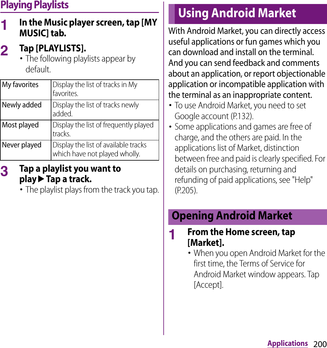 200ApplicationsPlaying Playlists1In the Music player screen, tap [MY MUSIC] tab.2Tap [PLAYLISTS].･The following playlists appear by default.3Tap a playlist you want to playuTap a track.･The playlist plays from the track you tap.With Android Market, you can directly access useful applications or fun games which you can download and install on the terminal. And you can send feedback and comments about an application, or report objectionable application or incompatible application with the terminal as an inappropriate content.･To use Android Market, you need to set Google account (P.132).･Some applications and games are free of charge, and the others are paid. In the applications list of Market, distinction between free and paid is clearly specified. For details on purchasing, returning and refunding of paid applications, see &quot;Help&quot; (P.205).1From the Home screen, tap [Market].･When you open Android Market for the first time, the Terms of Service for Android Market window appears. Tap [Accept].My favoritesDisplay the list of tracks in My favorites.Newly addedDisplay the list of tracks newly added.Most playedDisplay the list of frequently played tracks.Never playedDisplay the list of available tracks which have not played wholly.Using Android MarketOpening Android Market
