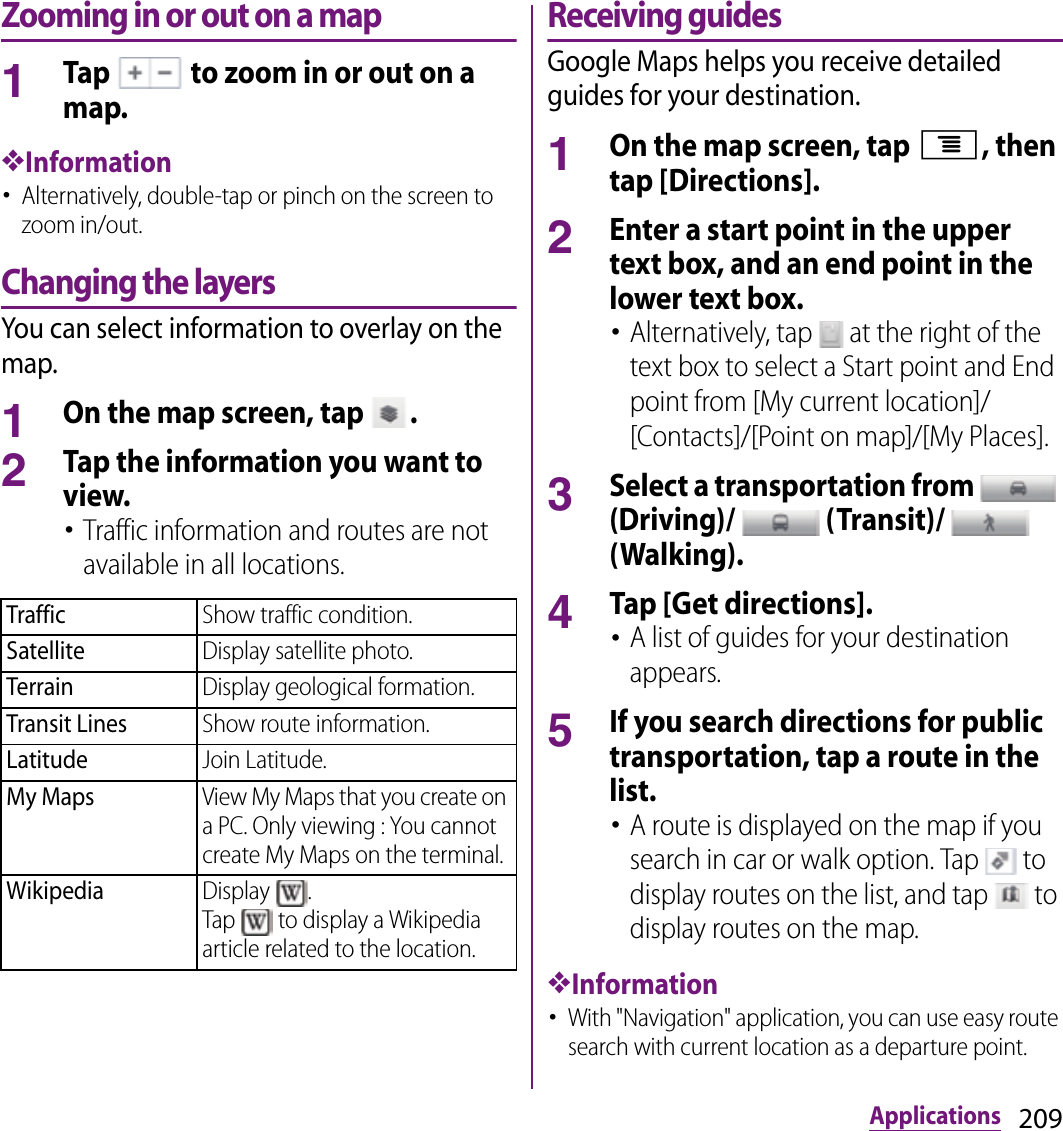 209ApplicationsZooming in or out on a map1Tap   to zoom in or out on a map.❖Information･Alternatively, double-tap or pinch on the screen to zoom in/out.Changing the layersYou can select information to overlay on the map.1On the map screen, tap  .2Tap the information you want to view.･Traffic information and routes are not available in all locations.Receiving guidesGoogle Maps helps you receive detailed guides for your destination.1On the map screen, tap t, then tap [Directions].2Enter a start point in the upper text box, and an end point in the lower text box.･Alternatively, tap   at the right of the text box to select a Start point and End point from [My current location]/[Contacts]/[Point on map]/[My Places].3Select a transportation from   (Driving)/   (Transit)/   (Walking).4Tap [Get directions].･A list of guides for your destination appears.5If you search directions for public transportation, tap a route in the list.･A route is displayed on the map if you search in car or walk option. Tap   to display routes on the list, and tap   to display routes on the map.❖Information･With &quot;Navigation&quot; application, you can use easy route search with current location as a departure point.TrafficShow traffic condition.SatelliteDisplay satellite photo.TerrainDisplay geological formation.Transit LinesShow route information.LatitudeJoin Latitude.My MapsView My Maps that you create on a PC. Only viewing : You cannot create My Maps on the terminal.WikipediaDisplay  .Tap   to display a Wikipedia article related to the location.