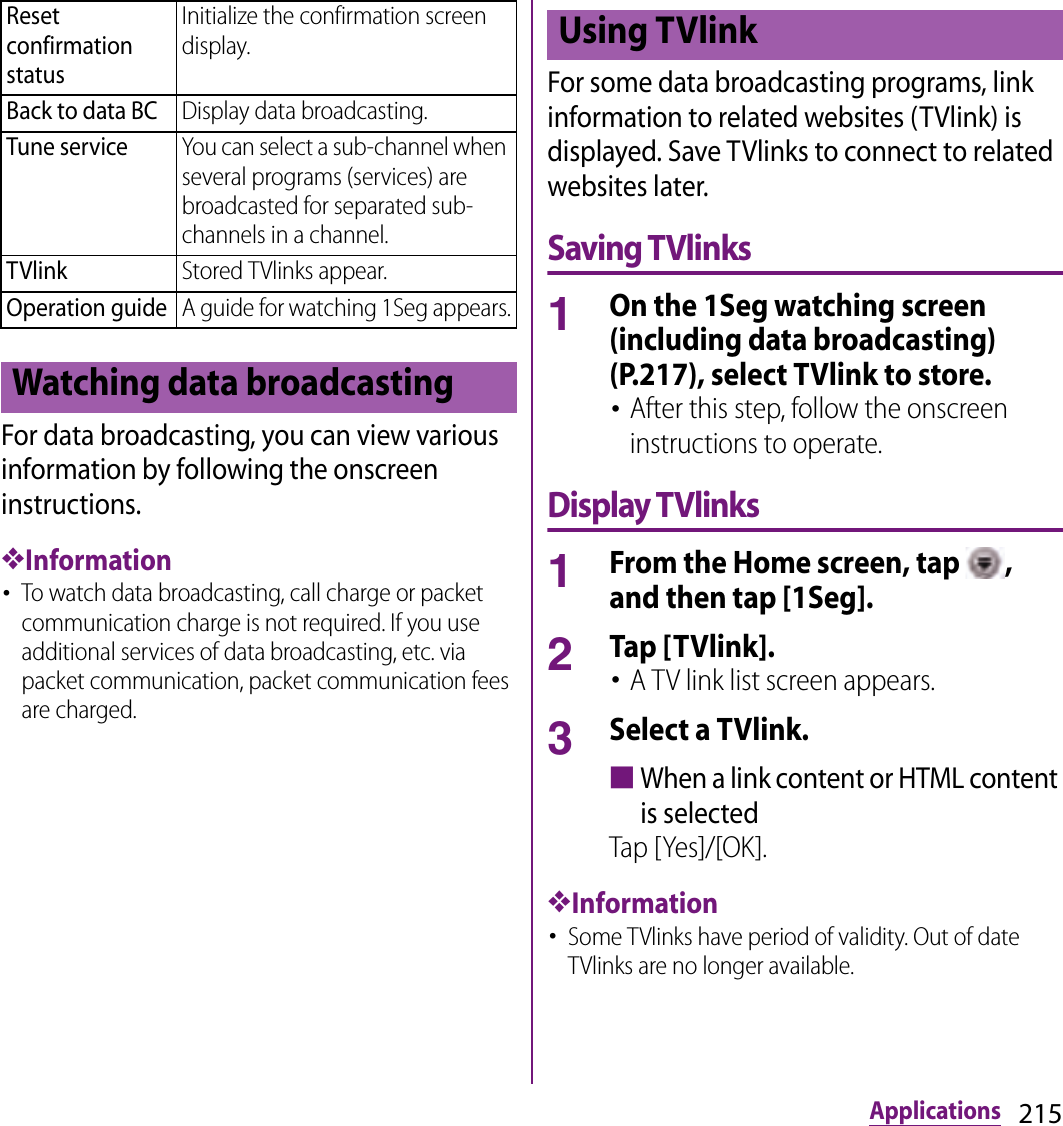 215ApplicationsFor data broadcasting, you can view various information by following the onscreen instructions.❖Information･To watch data broadcasting, call charge or packet communication charge is not required. If you use additional services of data broadcasting, etc. via packet communication, packet communication fees are charged.For some data broadcasting programs, link information to related websites (TVlink) is displayed. Save TVlinks to connect to related websites later.Saving TVlinks1On the 1Seg watching screen (including data broadcasting) (P.217), select TVlink to store.･After this step, follow the onscreen instructions to operate.Display TVlinks1From the Home screen, tap  , and then tap [1Seg].2Tap [TVlink].･A TV link list screen appears.3Select a TVlink.■When a link content or HTML content is selectedTap [Yes]/[OK].❖Information･Some TVlinks have period of validity. Out of date TVlinks are no longer available.Reset confirmation statusInitialize the confirmation screen display.Back to data BCDisplay data broadcasting.Tune serviceYou can select a sub-channel when several programs (services) are broadcasted for separated sub-channels in a channel.TVlinkStored TVlinks appear.Operation guideA guide for watching 1Seg appears.Watching data broadcastingUsing TVlink