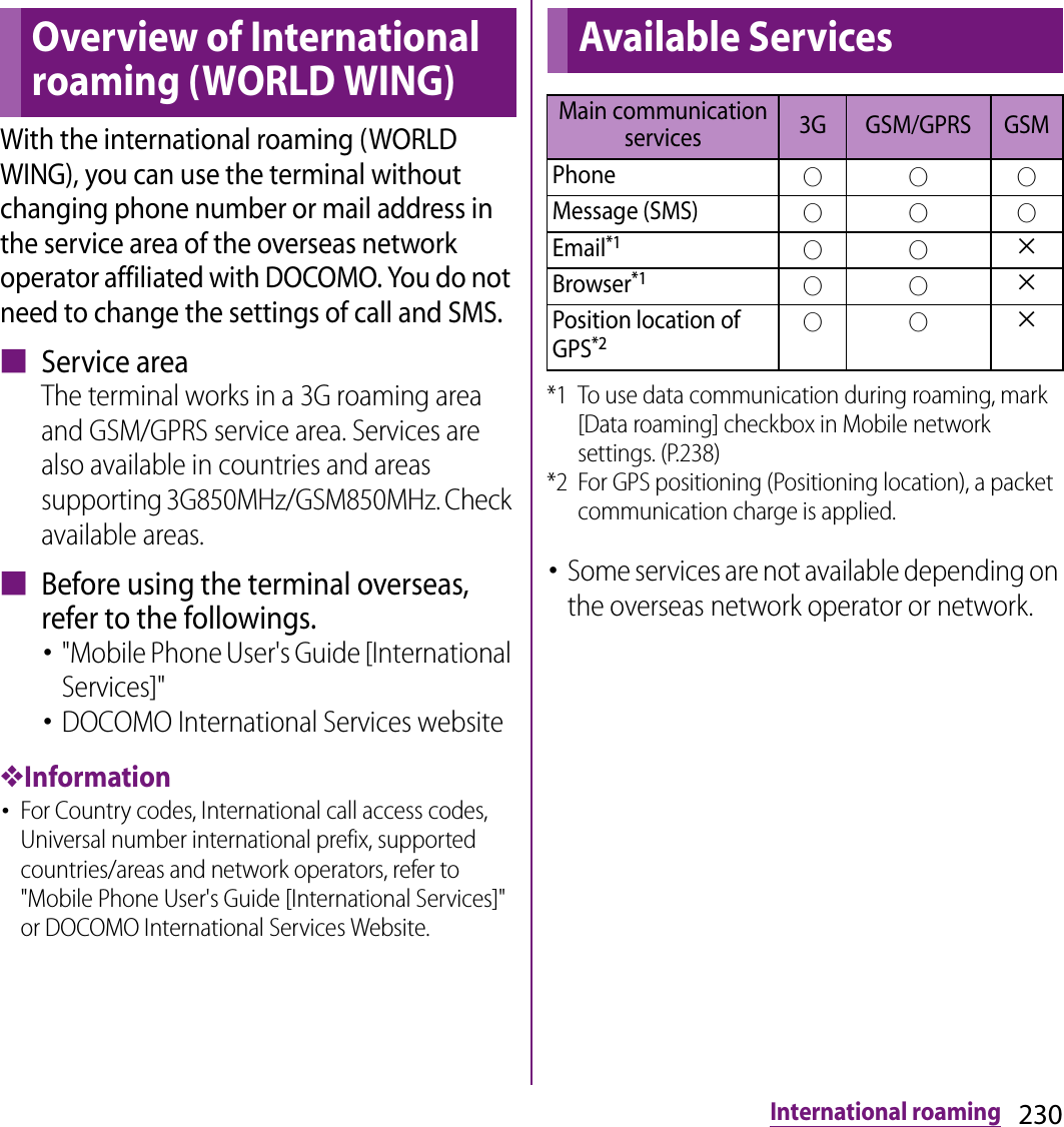 230International roamingInternational roamingWith the international roaming (WORLD WING), you can use the terminal without changing phone number or mail address in the service area of the overseas network operator affiliated with DOCOMO. You do not need to change the settings of call and SMS.■ Service areaThe terminal works in a 3G roaming area and GSM/GPRS service area. Services are also available in countries and areas supporting 3G850MHz/GSM850MHz. Check available areas.■ Before using the terminal overseas, refer to the followings.･&quot;Mobile Phone User&apos;s Guide [International Services]&quot;･DOCOMO International Services website❖Information･For Country codes, International call access codes, Universal number international prefix, supported countries/areas and network operators, refer to &quot;Mobile Phone User&apos;s Guide [International Services]&quot; or DOCOMO International Services Website.*1 To use data communication during roaming, mark [Data roaming] checkbox in Mobile network settings. (P.238)*2 For GPS positioning (Positioning location), a packet communication charge is applied.･Some services are not available depending on the overseas network operator or network.Overview of International roaming (WORLD WING)Available ServicesMain communication services 3G GSM/GPRS GSMPhone○ ○ ○Message (SMS)○ ○ ○Email*1○ ○uBrowser*1○ ○uPosition location of GPS*2○ ○u