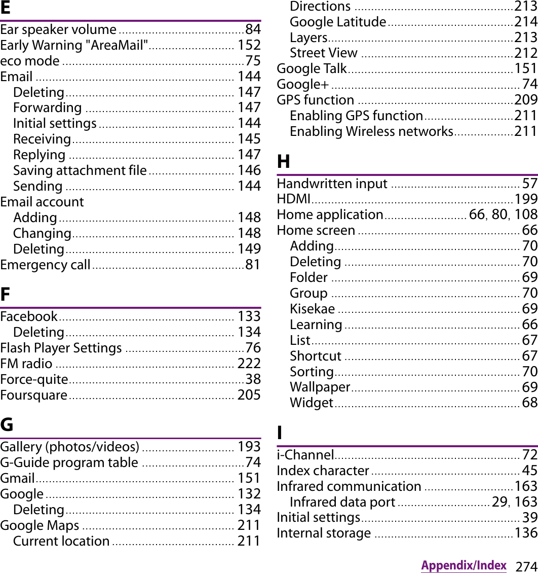 274Appendix/IndexEEar speaker volume ...................................... 84Early Warning &quot;AreaMail&quot;.......................... 152eco mode ....................................................... 75Email ............................................................ 144Deleting................................................... 147Forwarding ............................................. 147Initial settings ......................................... 144Receiving................................................. 145Replying .................................................. 147Saving attachment file.......................... 146Sending ................................................... 144Email accountAdding..................................................... 148Changing................................................. 148Deleting................................................... 149Emergency call.............................................. 81FFacebook..................................................... 133Deleting................................................... 134Flash Player Settings .................................... 76FM radio ...................................................... 222Force-quite..................................................... 38Foursquare.................................................. 205GGallery (photos/videos) ............................ 193G-Guide program table ............................... 74Gmail............................................................ 151Google......................................................... 132Deleting................................................... 134Google Maps .............................................. 211Current location ..................................... 211Directions ................................................ 213Google Latitude...................................... 214Layers........................................................ 213Street View .............................................. 212Google Talk.................................................. 151Google+ ......................................................... 74GPS function ........................................ ....... 209Enabling GPS function........................... 211Enabling Wireless networks.................. 211HHandwritten input ....................................... 57HDMI............................................................. 199Home application......................... 66, 80, 108Home screen ................................................. 66Adding........................................................ 70Deleting ..................................................... 70Folder ......................................................... 69Group ......................................................... 70Kisekae ....................................................... 69Learning.. ................................................... 66List............................................................... 67Shortcut ..................................................... 67Sorting........................................................ 70Wallpaper................................................... 69Widget........................................................ 68Ii-Channel........................................................ 72Index character............................................. 45Infrared communication ........................... 163Infrared data port ............................ 29, 163Initial settings................................................ 39Internal storage .......................................... 136
