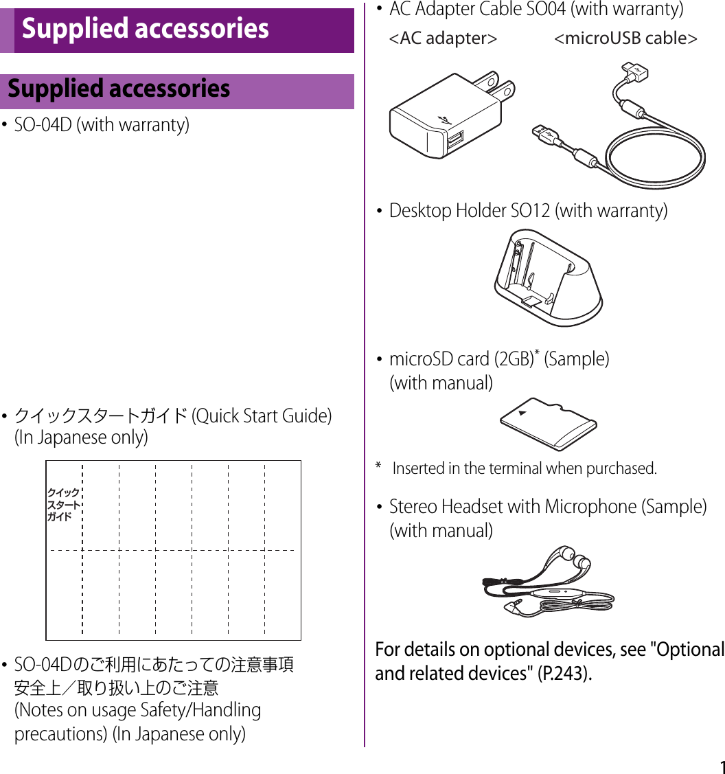 1･SO-04D (with warranty)･クイックスタートガイド (Quick Start Guide) (In Japanese only)･SO-04Dのご利用にあたっての注意事項安全上／取り扱い上のご注意 (Notes on usage Safety/Handling precautions) (In Japanese only)･AC Adapter Cable SO04 (with warranty)･Desktop Holder SO12 (with warranty)･microSD card (2GB)* (Sample)(with manual)* Inserted in the terminal when purchased.･Stereo Headset with Microphone (Sample) (with manual)For details on optional devices, see &quot;Optional and related devices&quot; (P.243).Supplied accessoriesSupplied accessoriesクイックスタートガイド&lt;AC adapter&gt; &lt;microUSB cable&gt;