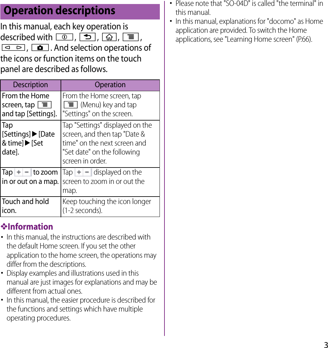 3In this manual, each key operation is described with p, x, y, t, m, k. And selection operations of the icons or function items on the touch panel are described as follows.❖Information･In this manual, the instructions are described with the default Home screen. If you set the other application to the home screen, the operations may differ from the descriptions.･Display examples and illustrations used in this manual are just images for explanations and may be different from actual ones.･In this manual, the easier procedure is described for the functions and settings which have multiple operating procedures.･Please note that &quot;SO-04D&quot; is called &quot;the terminal&quot; in this manual.･In this manual, explanations for &quot;docomo&quot; as Home application are provided. To switch the Home applications, see &quot;Learning Home screen&quot; (P.66).Operation descriptionsDescription OperationFrom the Home screen, tap t and tap [Settings].From the Home screen, tap t (Menu) key and tap &quot;Settings&quot; on the screen.Tap [Settings]u[Date &amp; time]u[Set date].Tap &quot;Settings&quot; displayed on the screen, and then tap &quot;Date &amp; time&quot; on the next screen and &quot;Set date&quot; on the following screen in order.Tap   to zoom in or out on a map.Tap   displayed on the screen to zoom in or out the map.Touch and hold icon.Keep touching the icon longer (1-2 seconds).