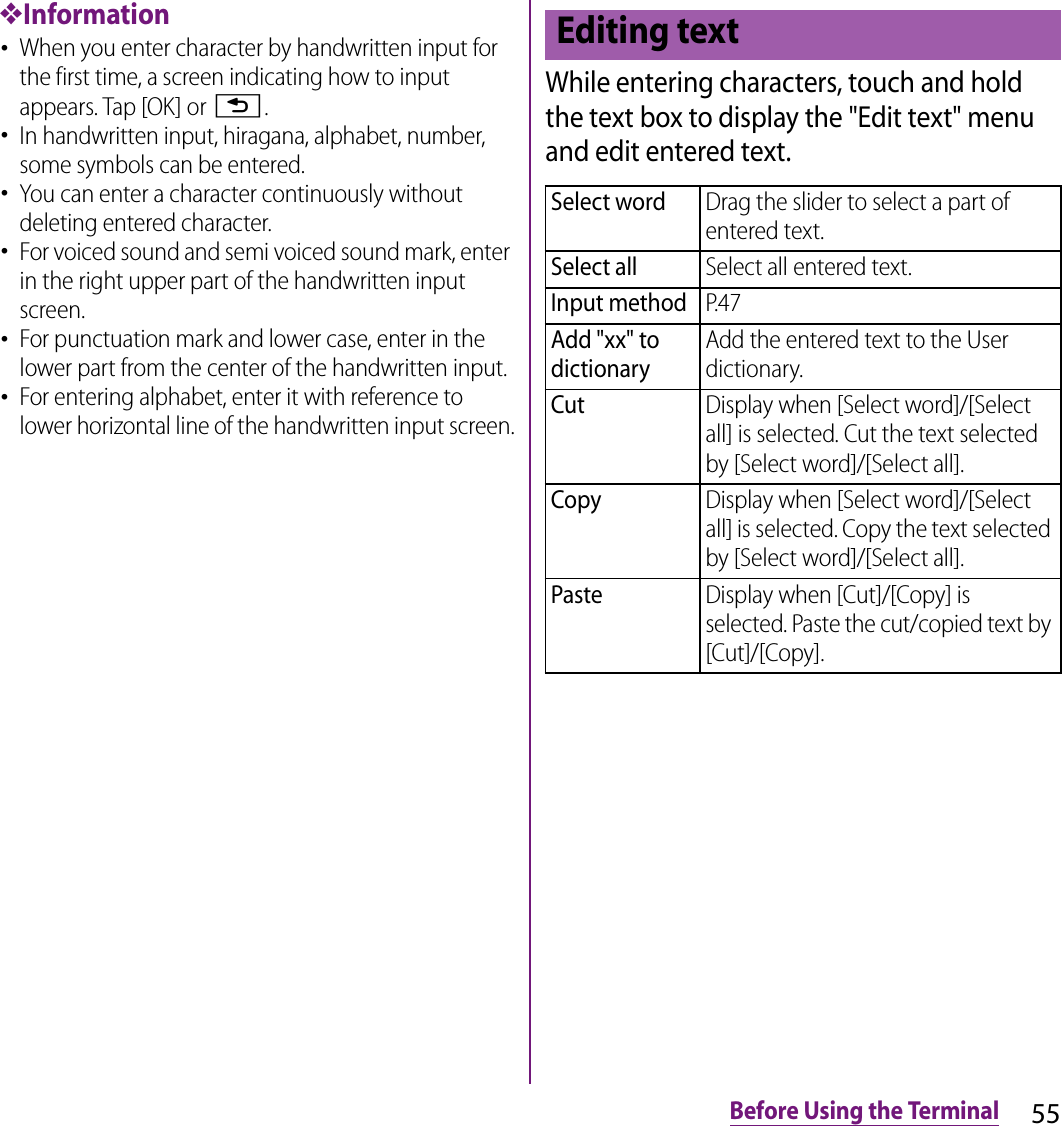 55Before Using the Terminal❖Information･When you enter character by handwritten input for the first time, a screen indicating how to input appears. Tap [OK] or x.･In handwritten input, hiragana, alphabet, number, some symbols can be entered.･You can enter a character continuously without deleting entered character.･For voiced sound and semi voiced sound mark, enter in the right upper part of the handwritten input screen.･For punctuation mark and lower case, enter in the lower part from the center of the handwritten input.･For entering alphabet, enter it with reference to lower horizontal line of the handwritten input screen.While entering characters, touch and hold the text box to display the &quot;Edit text&quot; menu and edit entered text.Editing textSelect wordDrag the slider to select a part of entered text.Select allSelect all entered text.Input methodP.47Add &quot;xx&quot; to dictionaryAdd the entered text to the User dictionary.CutDisplay when [Select word]/[Select all] is selected. Cut the text selected by [Select word]/[Select all].CopyDisplay when [Select word]/[Select all] is selected. Copy the text selected by [Select word]/[Select all].PasteDisplay when [Cut]/[Copy] is selected. Paste the cut/copied text by [Cut]/[Copy].