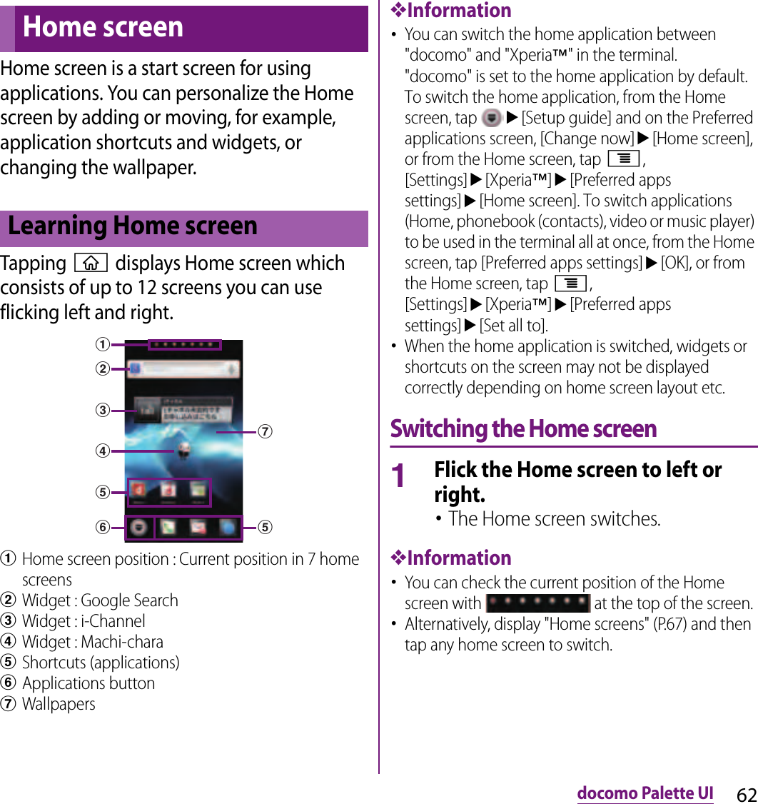 62docomo Palette UIdocomo Palette UIHome screen is a start screen for using applications. You can personalize the Home screen by adding or moving, for example, application shortcuts and widgets, or changing the wallpaper.Tapping y displays Home screen which consists of up to 12 screens you can use flicking left and right.aHome screen position : Current position in 7 home screensbWidget : Google SearchcWidget : i-ChanneldWidget : Machi-charaeShortcuts (applications)fApplications buttongWallpapers❖Information･You can switch the home application between &quot;docomo&quot; and &quot;Xperia™&quot; in the terminal.&quot;docomo&quot; is set to the home application by default. To switch the home application, from the Home screen, tap u[Setup guide] and on the Preferred applications screen, [Change now]u[Home screen], or from the Home screen, tap t, [Settings]u[Xperia™]u[Preferred apps settings]u[Home screen]. To switch applications (Home, phonebook (contacts), video or music player) to be used in the terminal all at once, from the Home screen, tap [Preferred apps settings]u[OK], or from the Home screen, tap t, [Settings]u[Xperia™]u[Preferred apps settings]u[Set all to].･When the home application is switched, widgets or shortcuts on the screen may not be displayed correctly depending on home screen layout etc.Switching the Home screen1Flick the Home screen to left or right.･The Home screen switches.❖Information･You can check the current position of the Home screen with   at the top of the screen.･Alternatively, display &quot;Home screens&quot; (P.67) and then tap any home screen to switch.Home screenLearning Home screenabcef egd