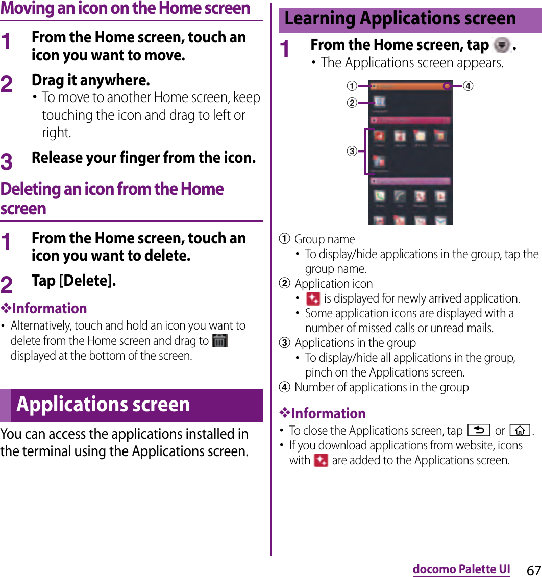 67docomo Palette UIMoving an icon on the Home screen1From the Home screen, touch an icon you want to move.2Drag it anywhere.･To move to another Home screen, keep touching the icon and drag to left or right.3Release your finger from the icon.Deleting an icon from the Home screen1From the Home screen, touch an icon you want to delete.2Tap [Delete].❖Information･Alternatively, touch and hold an icon you want to delete from the Home screen and drag to   displayed at the bottom of the screen.You can access the applications installed in the terminal using the Applications screen.1From the Home screen, tap  .･The Applications screen appears.aGroup name･To display/hide applications in the group, tap the group name.bApplication icon･ is displayed for newly arrived application.･Some application icons are displayed with a number of missed calls or unread mails.cApplications in the group･To display/hide all applications in the group, pinch on the Applications screen.dNumber of applications in the group❖Information･To close the Applications screen, tap x or y.･If you download applications from website, icons with   are added to the Applications screen.Applications screenLearning Applications screenadcb