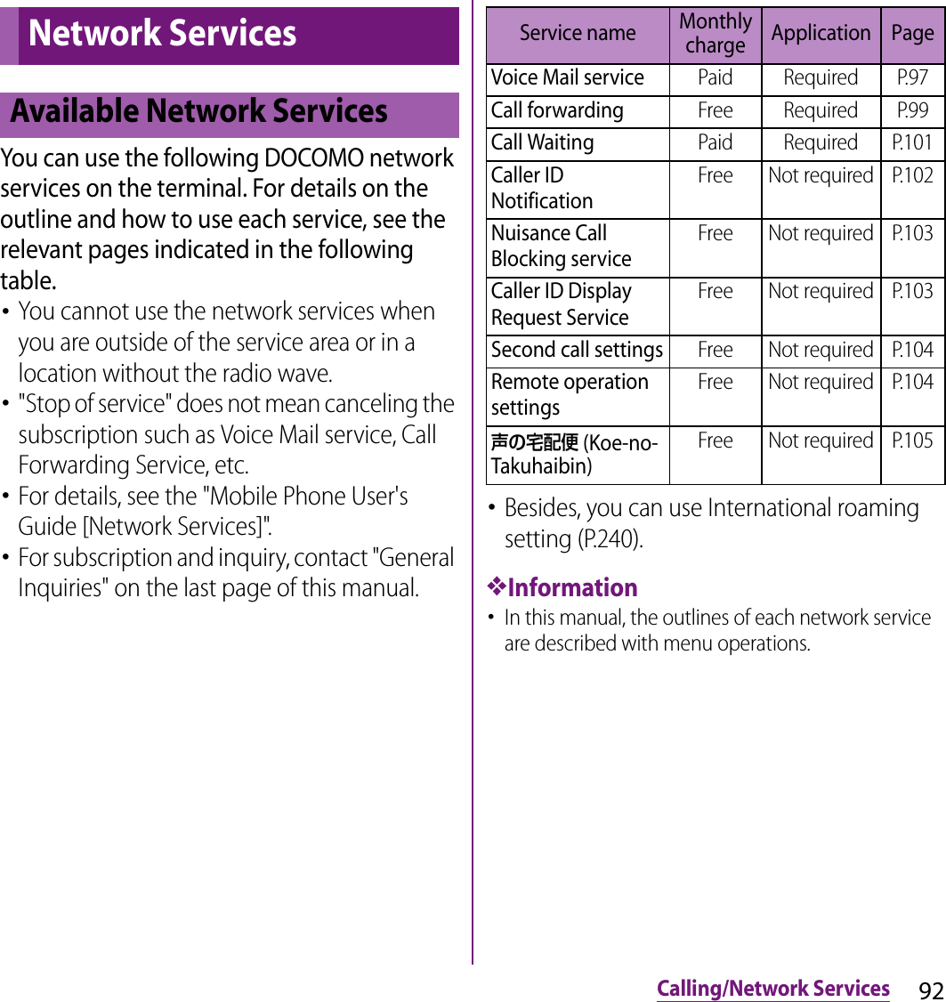 92Calling/Network ServicesYou can use the following DOCOMO network services on the terminal. For details on the outline and how to use each service, see the relevant pages indicated in the following table.･You cannot use the network services when you are outside of the service area or in a location without the radio wave.･&quot;Stop of service&quot; does not mean canceling the subscription such as Voice Mail service, Call Forwarding Service, etc.･For details, see the &quot;Mobile Phone User&apos;s Guide [Network Services]&quot;.･For subscription and inquiry, contact &quot;General Inquiries&quot; on the last page of this manual.･Besides, you can use International roaming setting (P.240).❖Information･In this manual, the outlines of each network service are described with menu operations.Network ServicesAvailable Network ServicesService name Monthly charge Application PageVoice Mail servicePaid Required P.97Call forwardingFree Required P.99Call WaitingPaid Required P.101Caller ID NotificationFree Not required P.102Nuisance Call Blocking serviceFree Not required P.103Caller ID Display Request ServiceFree Not required P.103Second call settingsFree Not required P.104Remote operation settingsFree Not required P.104声の宅配便 (Koe-no-Takuhaibin)Free Not required P.105