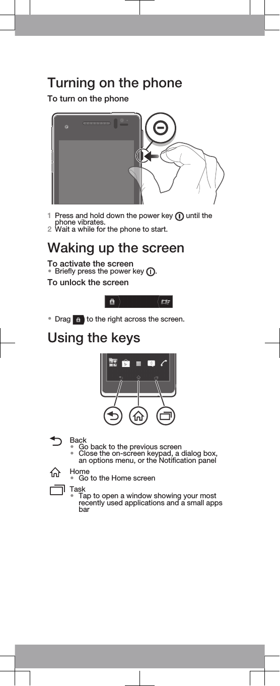 Turning on the phoneTo turn on the phone1Press and hold down the power key   until thephone vibrates.2Wait a while for the phone to start.Waking up the screenTo activate the screen•Briefly press the power key  .To unlock the screen•Drag   to the right across the screen.Using the keysBack•Go back to the previous screen•Close the on-screen keypad, a dialog box,an options menu, or the Notification panelHome•Go to the Home screenTask•Tap to open a window showing your mostrecently used applications and a small appsbar