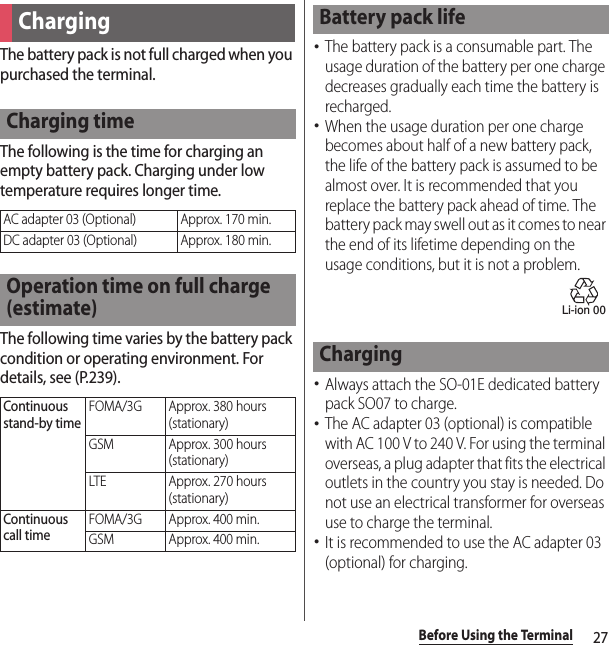 27Before Using the TerminalThe battery pack is not full charged when you purchased the terminal.The following is the time for charging an empty battery pack. Charging under low temperature requires longer time.The following time varies by the battery pack condition or operating environment. For details, see (P.239).･The battery pack is a consumable part. The usage duration of the battery per one charge decreases gradually each time the battery is recharged.･When the usage duration per one charge becomes about half of a new battery pack, the life of the battery pack is assumed to be almost over. It is recommended that you replace the battery pack ahead of time. The battery pack may swell out as it comes to near the end of its lifetime depending on the usage conditions, but it is not a problem.･Always attach the SO-01E dedicated battery pack SO07 to charge.･The AC adapter 03 (optional) is compatible with AC 100 V to 240 V. For using the terminal overseas, a plug adapter that fits the electrical outlets in the country you stay is needed. Do not use an electrical transformer for overseas use to charge the terminal.･It is recommended to use the AC adapter 03 (optional) for charging.ChargingCharging timeAC adapter 03 (Optional) Approx. 170 min.DC adapter 03 (Optional) Approx. 180 min.Operation time on full charge (estimate)Continuous stand-by timeFOMA/3G Approx. 380 hours (stationary)GSM Approx. 300 hours (stationary)LTE Approx. 270 hours (stationary)Continuous call timeFOMA/3G Approx. 400 min.GSM Approx. 400 min.Battery pack lifeChargingLi-ion 00