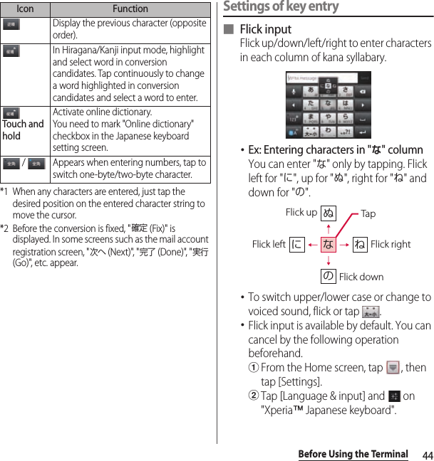 44Before Using the Terminal*1 When any characters are entered, just tap the desired position on the entered character string to move the cursor.*2 Before the conversion is fixed, &quot;確定 (Fix)&quot; is displayed. In some screens such as the mail account registration screen, &quot;次へ (Next)&quot;, &quot;完了 (Done)&quot;, &quot;実行 (Go)&quot;, etc. appear.Settings of key entry■ Flick inputFlick up/down/left/right to enter characters in each column of kana syllabary.･Ex: Entering characters in &quot;な&quot; columnYou can enter &quot;な&quot; only by tapping. Flick left for &quot;に&quot;, up for &quot;ぬ&quot;, right for &quot;ね&quot; and down for &quot;の&quot;.･To switch upper/lower case or change to voiced sound, flick or tap  .･Flick input is available by default. You can cancel by the following operation beforehand.aFrom the Home screen, tap  , then tap [Settings].bTap [Language &amp; input] and   on &quot;Xperia™ Japanese keyboard&quot;.Display the previous character (opposite order).In Hiragana/Kanji input mode, highlight and select word in conversion candidates. Tap continuously to change a word highlighted in conversion candidates and select a word to enter.Touch and holdActivate online dictionary.You need to mark &quot;Online dictionary&quot; checkbox in the Japanese keyboard setting screen. /  Appears when entering numbers, tap to switch one-byte/two-byte character.Icon FunctionぬねにのなFlick leftFlick up TapFlick rightFlick down