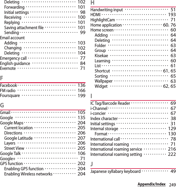 249Appendix/IndexDeleting･･････････････････････････ 102Forwarding････････････････････････ 101Initial settings･･･････････････････････ 98Receiving･････････････････････････ 100Replying･･････････････････････････ 101Saving attachment file･･･････････････ 101Sending････････････････････････････ 99Email accountAdding･･･････････････････････････ 103Changing･････････････････････････ 102Deleting･･････････････････････････ 104Emergency call････････････････････････ 77English guidance･･････････････････････ 84Evernote･････････････････････････････ 71FFacebook････････････････････････････ 136FM radio････････････････････････････ 166Foursquare･･････････････････････････ 199GGmail･･･････････････････････････････ 105Google･････････････････････････････ 135Google Maps･････････････････････････ 204Current location････････････････････ 205Directions･････････････････････････ 206Google Latitude････････････････････ 207Layers････････････････････････････ 206Street View････････････････････････ 205Google Talk･･････････････････････････ 106Google+･････････････････････････････ 71GPS function･････････････････････････ 202Enabling GPS function･･･････････････ 204Enabling Wireless networks･･･････････ 204HHandwriting input･････････････････････ 51HDMI･･･････････････････････････････ 193HighlightCam･････････････････････････ 71Home application･･･････････････････ 60, 76Home screen･･････････････････････････ 60Adding････････････････････････････ 64Deleting･･･････････････････････････ 64Folder･････････････････････････････ 63Group･････････････････････････････ 64Kisekae････････････････････････････ 63Learning･･･････････････････････････ 60List････････････････････････････････ 61Shortcut････････････････････････ 61, 65Sorting････････････････････････････ 65Wallpaper･･････････････････････････ 63Widget･････････････････････････ 62, 65IIC Tag/Barcode Reader･･････････････････ 69i-Channel･････････････････････････････ 67i-concier･････････････････････････････ 67Index character････････････････････････ 38Initial settings･････････････････････････ 31Internal storage･･････････････････････ 129Format････････････････････････････ 130International call･･･････････････････････ 78International roaming･･････････････････ 71International roaming service･･･････････ 216International roaming setting･･･････････ 222JJapanese syllabary keyboard･････････････ 49