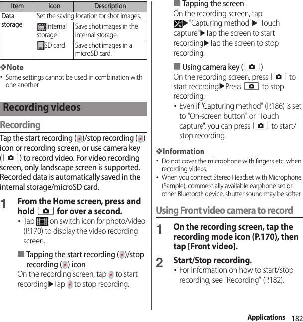 182Applications❖Note･Some settings cannot be used in combination with one another.RecordingTap the start recording ( )/stop recording ( ) icon or recording screen, or use camera key (k) to record video. For video recording screen, only landscape screen is supported. Recorded data is automatically saved in the internal storage/microSD card.1From the Home screen, press and hold k for over a second.･Tap   on switch icon for photo/video (P.170) to display the video recording screen.■Tapping the start recording ( )/stop recording ( ) iconOn the recording screen, tap   to start recordinguTap   to stop recording.■Tapping the screenOn the recording screen, tap u&quot;Capturing method&quot;u&quot;Touch capture&quot;uTap the screen to start recordinguTap the screen to stop recording.■Using camera key (k)On the recording screen, press k to start recordinguPress k to stop recording.･Even if &quot;Capturing method&quot; (P.186) is set to &quot;On-screen button&quot; or &quot;Touch capture&quot;, you can press k to start/stop recording.❖Information･Do not cover the microphone with fingers etc. when recording videos.･When you connect Stereo Headset with Microphone (Sample), commercially available earphone set or other Bluetooth device, shutter sound may be softer. Using Front video camera to record1On the recording screen, tap the recording mode icon (P.170), then tap [Front video].2Start/Stop recording.･For information on how to start/stop recording, see &quot;Recording&quot; (P.182).Data storageSet the saving location for shot images.Internal storageSave shot images in the internal storage.SD card Save shot images in a microSD card.Recording videosItem Icon Description