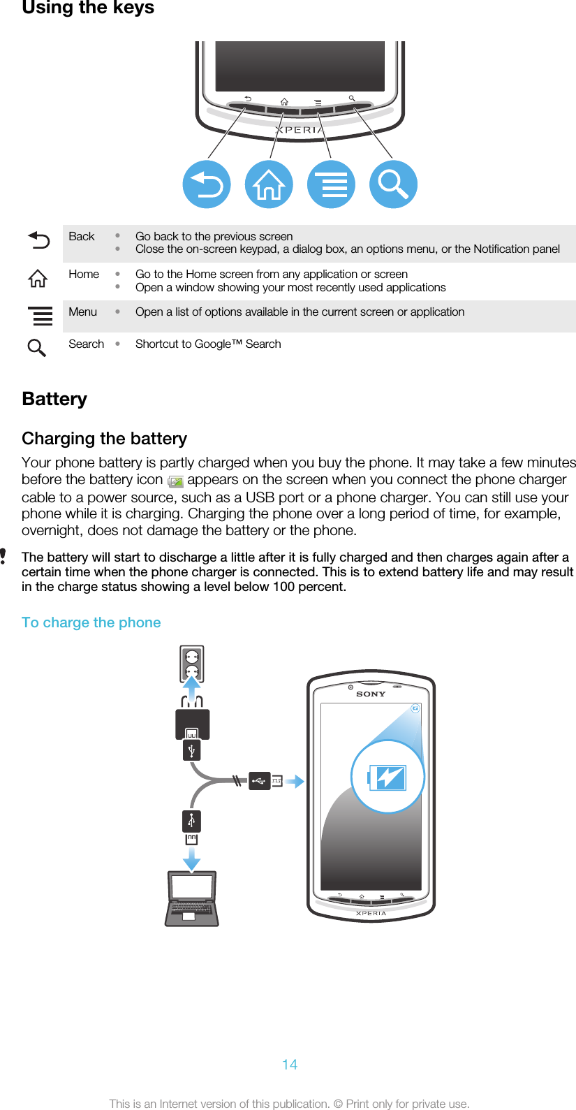 Using the keysBack •Go back to the previous screen•Close the on-screen keypad, a dialog box, an options menu, or the Notification panelHome •Go to the Home screen from any application or screen•Open a window showing your most recently used applicationsMenu •Open a list of options available in the current screen or applicationSearch •Shortcut to Google™ SearchBatteryCharging the batteryYour phone battery is partly charged when you buy the phone. It may take a few minutesbefore the battery icon   appears on the screen when you connect the phone chargercable to a power source, such as a USB port or a phone charger. You can still use yourphone while it is charging. Charging the phone over a long period of time, for example,overnight, does not damage the battery or the phone.The battery will start to discharge a little after it is fully charged and then charges again after acertain time when the phone charger is connected. This is to extend battery life and may resultin the charge status showing a level below 100 percent.To charge the phone14This is an Internet version of this publication. © Print only for private use.