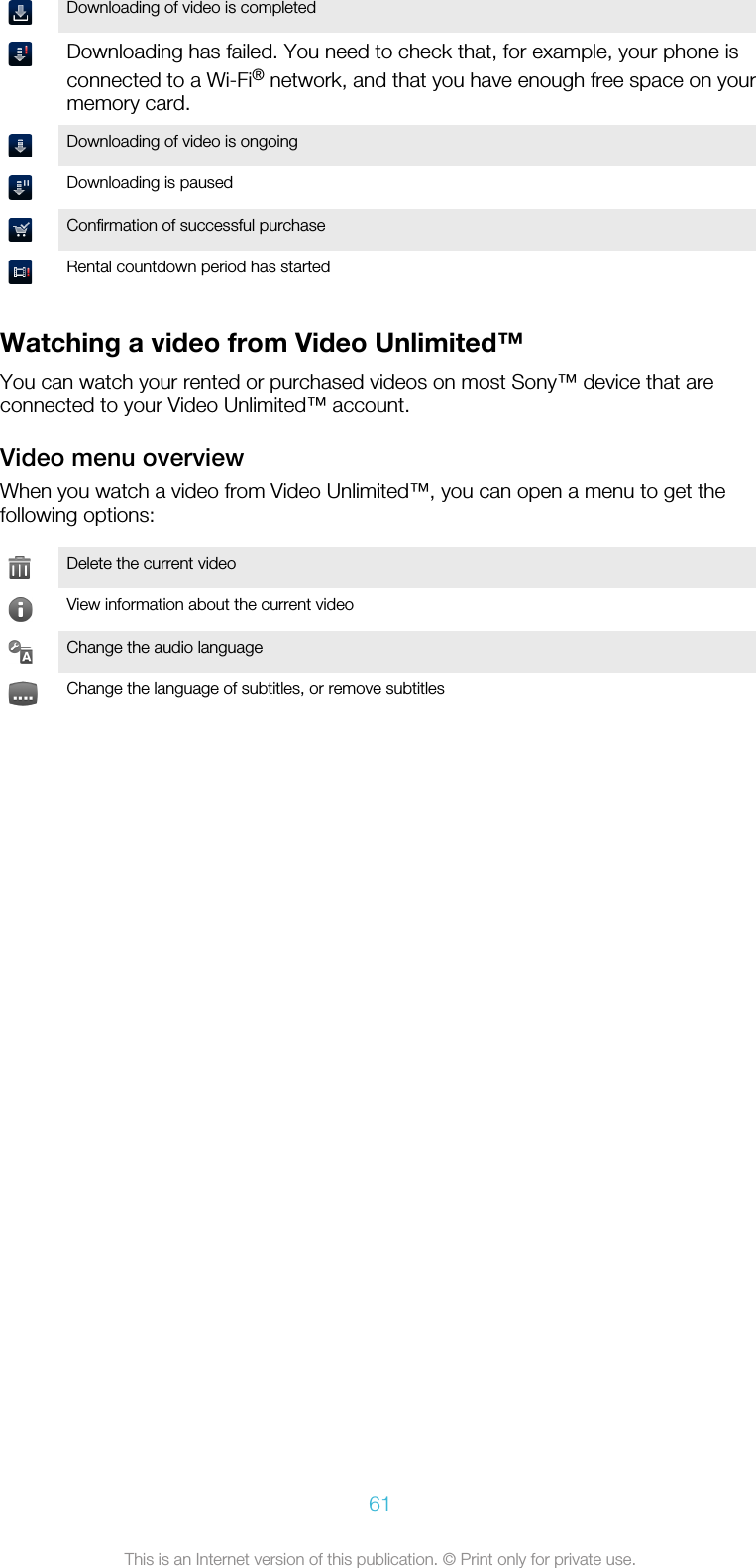 Downloading of video is completedDownloading has failed. You need to check that, for example, your phone isconnected to a Wi-Fi® network, and that you have enough free space on yourmemory card.Downloading of video is ongoingDownloading is pausedConfirmation of successful purchaseRental countdown period has startedWatching a video from Video Unlimited™You can watch your rented or purchased videos on most Sony™ device that areconnected to your Video Unlimited™ account.Video menu overviewWhen you watch a video from Video Unlimited™, you can open a menu to get thefollowing options:Delete the current videoView information about the current videoChange the audio languageChange the language of subtitles, or remove subtitles61This is an Internet version of this publication. © Print only for private use.