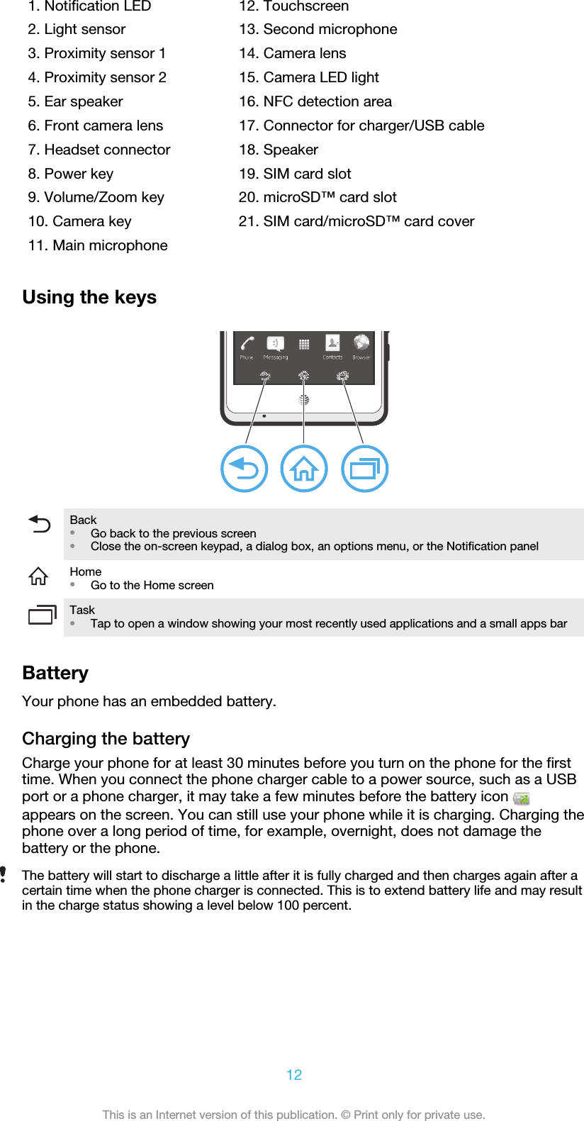 1. Notification LED2. Light sensor3. Proximity sensor 14. Proximity sensor 25. Ear speaker6. Front camera lens7. Headset connector8. Power key9. Volume/Zoom key10. Camera key11. Main microphone12. Touchscreen13. Second microphone14. Camera lens15. Camera LED light16. NFC detection area17. Connector for charger/USB cable18. Speaker19. SIM card slot20. microSD™ card slot21. SIM card/microSD™ card coverUsing the keysBack•Go back to the previous screen•Close the on-screen keypad, a dialog box, an options menu, or the Notification panelHome•Go to the Home screenTask•Tap to open a window showing your most recently used applications and a small apps barBatteryYour phone has an embedded battery.Charging the batteryCharge your phone for at least 30 minutes before you turn on the phone for the firsttime. When you connect the phone charger cable to a power source, such as a USBport or a phone charger, it may take a few minutes before the battery icon appears on the screen. You can still use your phone while it is charging. Charging thephone over a long period of time, for example, overnight, does not damage thebattery or the phone.The battery will start to discharge a little after it is fully charged and then charges again after acertain time when the phone charger is connected. This is to extend battery life and may resultin the charge status showing a level below 100 percent.12This is an Internet version of this publication. © Print only for private use.