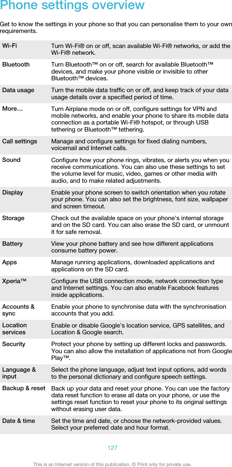 Phone settings overviewGet to know the settings in your phone so that you can personalise them to your ownrequirements.Wi-Fi Turn Wi-Fi® on or off, scan available Wi-Fi® networks, or add theWi-Fi® network.Bluetooth Turn Bluetooth™ on or off, search for available Bluetooth™devices, and make your phone visible or invisible to otherBluetooth™ devices.Data usage Turn the mobile data traffic on or off, and keep track of your datausage details over a specified period of time.More… Turn Airplane mode on or off, configure settings for VPN andmobile networks, and enable your phone to share its mobile dataconnection as a portable Wi-Fi® hotspot, or through USBtethering or Bluetooth™ tethering.Call settings Manage and configure settings for fixed dialing numbers,voicemail and Internet calls.Sound Configure how your phone rings, vibrates, or alerts you when youreceive communications. You can also use these settings to setthe volume level for music, video, games or other media withaudio, and to make related adjustments.Display Enable your phone screen to switch orientation when you rotateyour phone. You can also set the brightness, font size, wallpaperand screen timeout.Storage Check out the available space on your phone&apos;s internal storageand on the SD card. You can also erase the SD card, or unmountit for safe removal.Battery View your phone battery and see how different applicationsconsume battery power.Apps Manage running applications, downloaded applications andapplications on the SD card.Xperia™ Configure the USB connection mode, network connection typeand Internet settings. You can also enable Facebook featuresinside applications.Accounts &amp;sync Enable your phone to synchronise data with the synchronisationaccounts that you add.Locationservices Enable or disable Google&apos;s location service, GPS satellites, andLocation &amp; Google search.Security Protect your phone by setting up different locks and passwords.You can also allow the installation of applications not from GooglePlay™.Language &amp;input Select the phone language, adjust text input options, add wordsto the personal dictionary and configure speech settings.Backup &amp; reset Back up your data and reset your phone. You can use the factorydata reset function to erase all data on your phone, or use thesettings reset function to reset your phone to its original settingswithout erasing user data.Date &amp; time Set the time and date, or choose the network-provided values.Select your preferred date and hour format.127This is an Internet version of this publication. © Print only for private use.