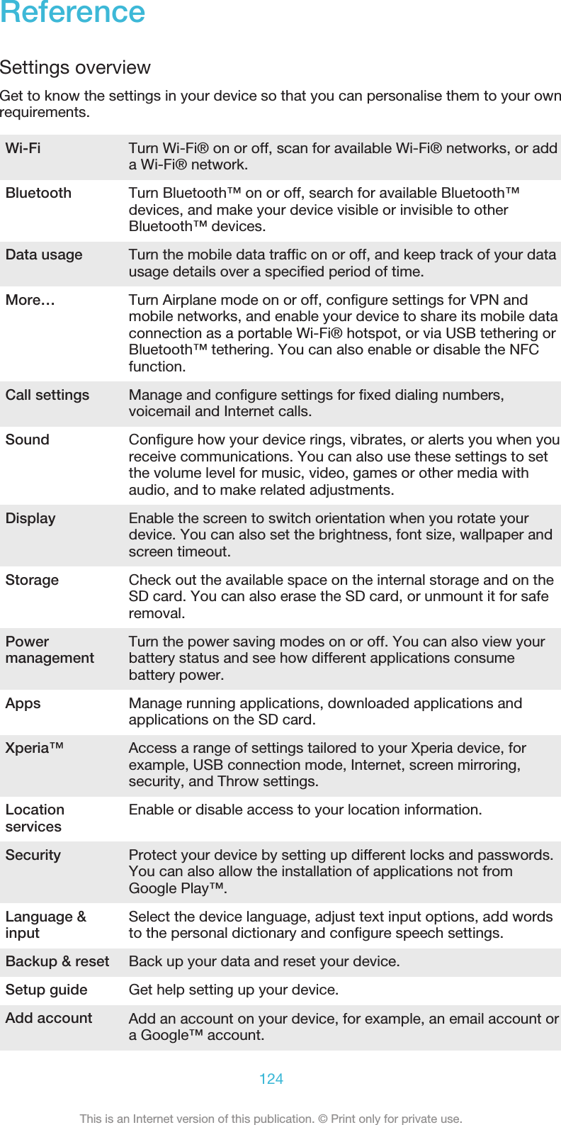 ReferenceSettings overviewGet to know the settings in your device so that you can personalise them to your ownrequirements.Wi-Fi Turn Wi-Fi® on or off, scan for available Wi-Fi® networks, or adda Wi-Fi® network.Bluetooth Turn Bluetooth™ on or off, search for available Bluetooth™devices, and make your device visible or invisible to otherBluetooth™ devices.Data usage Turn the mobile data traffic on or off, and keep track of your datausage details over a specified period of time.More… Turn Airplane mode on or off, configure settings for VPN andmobile networks, and enable your device to share its mobile dataconnection as a portable Wi-Fi® hotspot, or via USB tethering orBluetooth™ tethering. You can also enable or disable the NFCfunction.Call settings Manage and configure settings for fixed dialing numbers,voicemail and Internet calls.Sound Configure how your device rings, vibrates, or alerts you when youreceive communications. You can also use these settings to setthe volume level for music, video, games or other media withaudio, and to make related adjustments.Display Enable the screen to switch orientation when you rotate yourdevice. You can also set the brightness, font size, wallpaper andscreen timeout.Storage Check out the available space on the internal storage and on theSD card. You can also erase the SD card, or unmount it for saferemoval.Powermanagement Turn the power saving modes on or off. You can also view yourbattery status and see how different applications consumebattery power.Apps Manage running applications, downloaded applications andapplications on the SD card.Xperia™ Access a range of settings tailored to your Xperia device, forexample, USB connection mode, Internet, screen mirroring,security, and Throw settings.Locationservices Enable or disable access to your location information.Security Protect your device by setting up different locks and passwords.You can also allow the installation of applications not fromGoogle Play™.Language &amp;input Select the device language, adjust text input options, add wordsto the personal dictionary and configure speech settings.Backup &amp; reset Back up your data and reset your device.Setup guide Get help setting up your device.Add account Add an account on your device, for example, an email account ora Google™ account.124This is an Internet version of this publication. © Print only for private use.