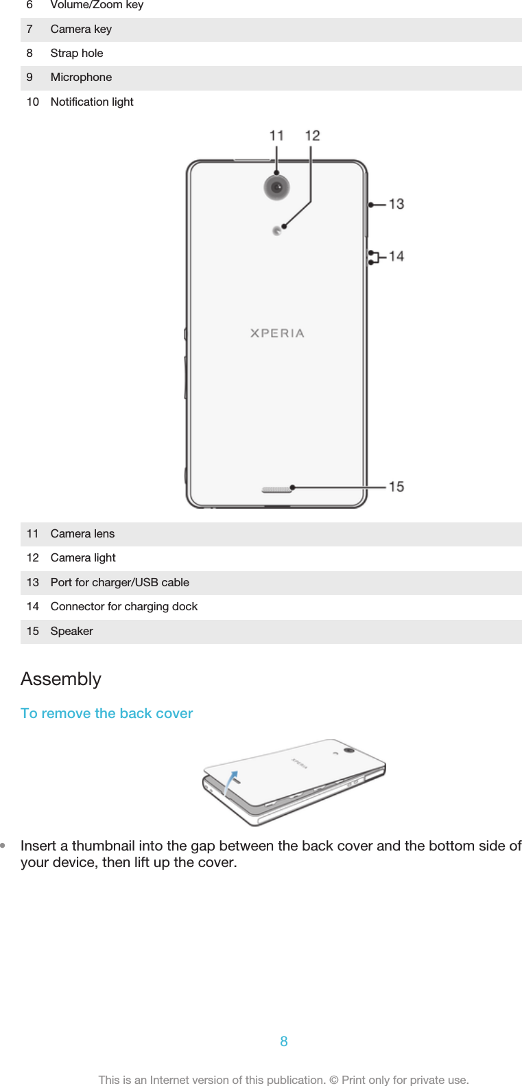 6 Volume/Zoom key7 Camera key8 Strap hole9 Microphone10 Notification light11 Camera lens12 Camera light13 Port for charger/USB cable14 Connector for charging dock15 SpeakerAssemblyTo remove the back cover•Insert a thumbnail into the gap between the back cover and the bottom side ofyour device, then lift up the cover.8This is an Internet version of this publication. © Print only for private use.