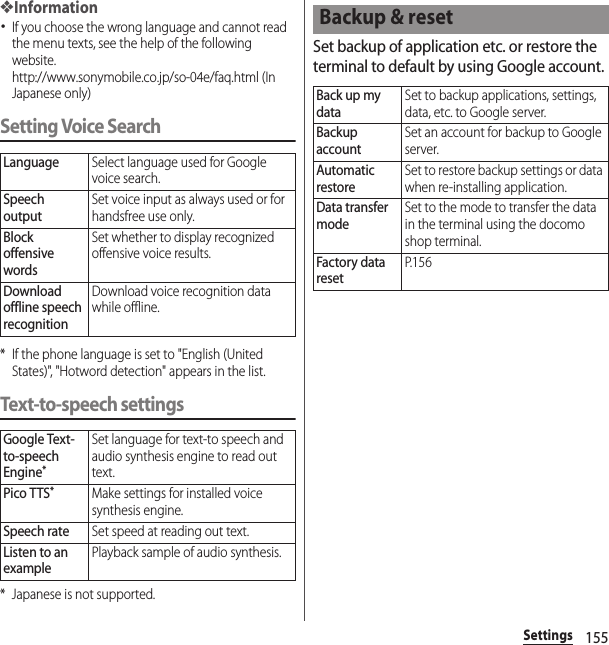 155Settings❖Information･If you choose the wrong language and cannot read the menu texts, see the help of the following website.http://www.sonymobile.co.jp/so-04e/faq.html (In Japanese only) Setting Voice Search* If the phone language is set to &quot;English (United States)&quot;, &quot;Hotword detection&quot; appears in the list.Text-to-speech settings* Japanese is not supported.Set backup of application etc. or restore the terminal to default by using Google account.LanguageSelect language used for Google voice search.Speech outputSet voice input as always used or for handsfree use only.Block offensive wordsSet whether to display recognized offensive voice results.Download offline speech recognitionDownload voice recognition data while offline.Google Text-to-speech Engine*Set language for text-to speech and audio synthesis engine to read out text.Pico TTS*Make settings for installed voice synthesis engine.Speech rateSet speed at reading out text.Listen to an examplePlayback sample of audio synthesis.Backup &amp; resetBack up my dataSet to backup applications, settings, data, etc. to Google server.Backup accountSet an account for backup to Google server.Automatic restoreSet to restore backup settings or data when re-installing application.Data transfer modeSet to the mode to transfer the data in the terminal using the docomo shop terminal.Factory data resetP. 1 5 6