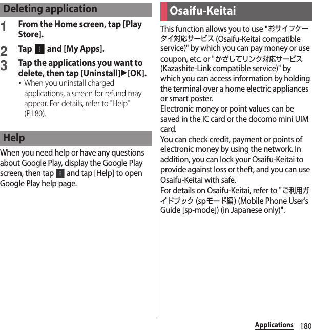 180Applications1From the Home screen, tap [Play Store].2Tap   and [My Apps].3Tap the applications you want to delete, then tap [Uninstall]u[OK].･When you uninstall charged applications, a screen for refund may appear. For details, refer to &quot;Help&quot; (P.180).When you need help or have any questions about Google Play, display the Google Play screen, then tap   and tap [Help] to open Google Play help page.This function allows you to use &quot;おサイフケータイ対応サービス (Osaifu-Keitai compatible service)&quot; by which you can pay money or use coupon, etc. or &quot;かざしてリンク対応サービス (Kazashite-Link compatible service)&quot; by which you can access information by holding the terminal over a home electric appliances or smart poster.Electronic money or point values can be saved in the IC card or the docomo mini UIM card.You can check credit, payment or points of electronic money by using the network. In addition, you can lock your Osaifu-Keitai to provide against loss or theft, and you can use Osaifu-Keitai with safe.For details on Osaifu-Keitai, refer to &quot;ご利用ガイドブック (spモード編) (Mobile Phone User&apos;s Guide [sp-mode]) (in Japanese only)&quot;.Deleting applicationHelpOsaifu-Keitai