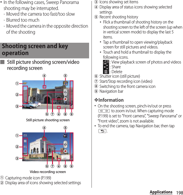 198Applications･In the following cases, Sweep Panorama shooting may be interrupted.- Moved the camera too fast/too slow- Blurred too much- Moved the camera in the opposite direction of the shooting■ Still picture shooting screen/video recording screenaCapturing mode icon (P.199)bDisplay area of icons showing selected settingscIcons showing set itemsdDisplay area of status icons showing selected settingseRecent shooting history･Flick a thumbnail of shooting history on the shooting screen to the left of the screen (up when in vertical screen mode) to display the last 5 items.･Tap a thumbnail to open viewing/playback screen for still pictures and videos.･Touch and hold a thumbnail to display the following icons. : View playback screen of photos and videos : Share : DeletefShutter icon (still picture)gStart/Stop recording icon (video)hSwitching to the front camera iconiNavigation bar❖Information･On the shooting screen, pinch-in/out or press m to zoom in/out. When capturing mode (P.199) is set to &quot;Front camera&quot;, &quot;Sweep Panorama&quot; or &quot;Front video&quot;, zoom is not available.･To end the camera, tap Navigation bar, then tap x.Shooting screen and key operationabcefhdg idStill picture shooting screenabcefhdg idVideo recording screen