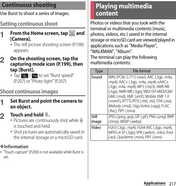 217ApplicationsUse Burst to shoot a series of images.Setting continuous shoot1From the Home screen, tap   and [Camera].･The still picture shooting screen (P.198) appears.2On the shooting screen, tap the capturing mode icon (P.199), then tap [Burst].･Tap   /   to set &quot;Burst speed&quot; (P.207) or &quot;Photo light&quot; (P.207).Shoot continuous images1Set Burst and point the camera to an object.2Touch and hold  .･Pictures are continuously shot while   is touched and held.･Shot pictures are automatically saved in the internal storage or a microSD card.❖Information･&quot;Touch capture&quot; (P.200) is not available while Burst is set.Photos or videos that you took with the terminal or multimedia contents (music, photos, videos, etc.) saved in the internal storage or microSD card are viewed/played in applications such as &quot;Media Player&quot;, &quot;WALKMAN&quot;, &quot;Album&quot;.The terminal can play the following multimedia contents:Continuous shootingPlaying multimedia contentType File formatSoundWAV (PCM, G.711) (.wav), AAC (.3gp, .m4a, .mp4), AAC+ (.3gp, .m4a, .mp4), eAAC+ (.3gp, .m4a, .mp4), MP3 (.mp3), AMR-NB (.3gp), AMR-WB (.3gp), MIDI (SP-MIDI/GM/GML (.mid), XMF (.xmf), Mobile XMF 1.0 (.mxmf), RTTTL/RTX (.rtttl, .rtx), OTA (.ota), iMelody (.imy)), Ogg Vorbis (.ogg), FLAC (.flac), PIFF (.isma)Still imageJPEG (.jpeg, .jpg), GIF (.gif ), PNG (.png), BMP (.bmp), WEBP (.webp)VideoH263 (.3gp, .mp4), H264 AVC (.3gp, .mp4), MPEG-4 SP (.3gp), VP8 (.webm, .mkv), Xvid (.avi), Quicktime (.mov), PIFF (.ismv)