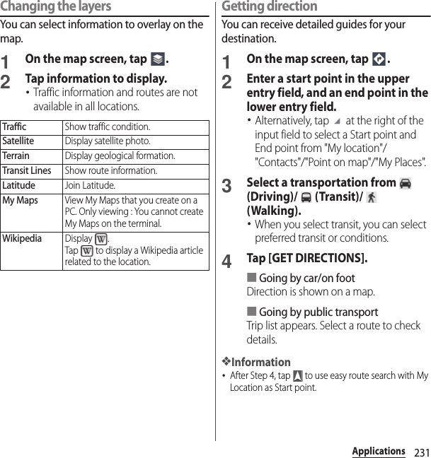 231ApplicationsChanging the layersYou can select information to overlay on the map.1On the map screen, tap  .2Tap information to display.･Traffic information and routes are not available in all locations.Getting directionYou can receive detailed guides for your destination.1On the map screen, tap  .2Enter a start point in the upper entry field, and an end point in the lower entry field.･Alternatively, tap   at the right of the input field to select a Start point and End point from &quot;My location&quot;/&quot;Contacts&quot;/&quot;Point on map&quot;/&quot;My Places&quot;.3Select a transportation from   (Driving)/  (Transit)/  (Walking).･When you select transit, you can select preferred transit or conditions.4Tap [GET DIRECTIONS].■Going by car/on footDirection is shown on a map.■Going by public transportTrip list appears. Select a route to check details.❖Information･After Step 4, tap   to use easy route search with My Location as Start point.TrafficShow traffic condition.SatelliteDisplay satellite photo.TerrainDisplay geological formation.Transit LinesShow route information.LatitudeJoin Latitude.My MapsView My Maps that you create on a PC. Only viewing : You cannot create My Maps on the terminal.WikipediaDisplay .Tap   to display a Wikipedia article related to the location.