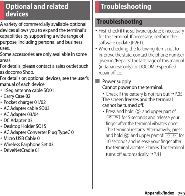 250Appendix/IndexAppendix/IndexA variety of commercially available optional devices allows you to expand the terminal&apos;s capabilities by supporting a wide range of purpose, including personal and business uses.Some accessories are only available in some areas.For details, please contact a sales outlet such as docomo Shop.For details on optional devices, see the user&apos;s manual of each device.･1Seg antenna cable SO01･Carry Case 02･Pocket charger 01/02･AC Adapter cable SO03･AC Adapter 03/04･DC Adapter 03･Desktop Holder SO15･AC Adapter Converter Plug TypeC 01･Micro USB Cable 01･Wireless Earphone Set 03･DriveNetCradle 01･First, check if the software update is necessary for the terminal. If necessary, perform the software update (P.261).･When checking the following items not to improve the state, contact the phone number given in &quot;Repairs&quot; the last page of this manual (in Japanese only) or DOCOMO-specified repair office.■ Power supplyCannot power on the terminal.･Check if the battery is not run out.→P.35The screen freezes and the terminal cannot be turned off.･Press and hold P and upper part of m for 5 seconds and release your finger after the terminal vibrates once. The terminal restarts. Alternatively, press and hold P and upper part of mfor 10 seconds and release your finger after the terminal vibrates 3 times. The terminal turns off automatically.→P.41Optional and related devicesTroubleshootingTroubleshooting