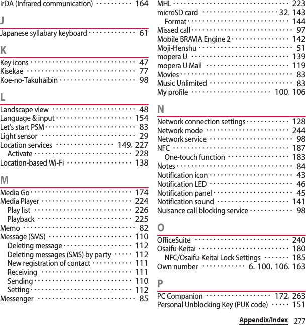 277Appendix/IndexIrDA (Infrared communication)･･････････ 164JJapanese syllabary keyboard･････････････ 61KKey icons･････････････････････････････ 47Kisekae･･････････････････････････････ 77Koe-no-Takuhaibin･････････････････････ 98LLandscape view･･･････････････････････ 48Language &amp; input･････････････････････ 154Let&apos;s start PSM･････････････････････････ 83Light sensor･･････････････････････････ 29Location services････････････････ 149, 227Activate･･･････････････････････････ 228Location-based Wi-Fi･･････････････････ 138MMedia Go････････････････････････････ 174Media Player･････････････････････････ 224Play list･･･････････････････････････ 226Playback･･････････････････････････ 225Memo･･･････････････････････････････ 82Message (SMS)･･･････････････････････ 110Deleting message･･･････････････････ 112Deleting messages (SMS) by party･････ 112New registration of contact･･･････････ 111Receiving･････････････････････････ 111Sending･･･････････････････････････ 110Setting････････････････････････････ 112Messenger･･･････････････････････････ 85MHL････････････････････････････････ 223microSD card･････････････････････32, 143Format････････････････････････････ 144Missed call････････････････････････････ 97Mobile BRAVIA Engine 2････････････････ 142Moji-Henshu･･････････････････････････ 51mopera U･･･････････････････････････ 139mopera U Mail･･･････････････････････ 119Movies･･･････････････････････････････ 83Music Unlimited･･･････････････････････ 83My profile･･････････････････････ 100, 106NNetwork connection settings････････････ 128Network mode･･･････････････････････ 244Network service･･･････････････････････ 98NFC････････････････････････････････ 187One-touch function･････････････････ 183Notes････････････････････････････････ 84Notification icon･･･････････････････････ 43Notification LED･･･････････････････････ 46Notification panel･･････････････････････ 45Notification sound････････････････････ 141Nuisance call blocking service････････････ 98OOfficeSuite･･････････････････････････ 240Osaifu-Keitai･････････････････････････ 180NFC/Osaifu-Keitai Lock Settings･･･････ 185Own number････････････ 6, 100, 106, 163PPC Companion･･････････････････ 172, 263Personal Unblocking Key (PUK code)･････ 151