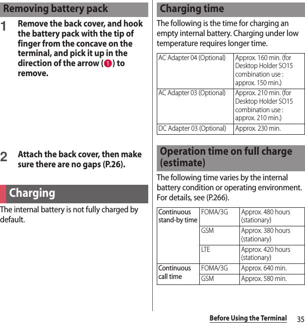 35Before Using the Terminal1Remove the back cover, and hook the battery pack with the tip of finger from the concave on the terminal, and pick it up in the direction of the arrow ( ) to remove.2Attach the back cover, then make sure there are no gaps (P.26).The internal battery is not fully charged by default.The following is the time for charging an empty internal battery. Charging under low temperature requires longer time.The following time varies by the internal battery condition or operating environment. For details, see (P.266).Removing battery packChargingCharging timeAC Adapter 04 (Optional) Approx. 160 min. (for Desktop Holder SO15 combination use : approx. 150 min.)AC Adapter 03 (Optional) Approx. 210 min. (for Desktop Holder SO15 combination use : approx. 210 min.)DC Adapter 03 (Optional) Approx. 230 min.Operation time on full charge (estimate)Continuous stand-by timeFOMA/3G Approx. 480 hours (stationary)GSM Approx. 380 hours (stationary)LTE Approx. 420 hours (stationary)Continuous call timeFOMA/3G Approx. 640 min.GSM Approx. 580 min.