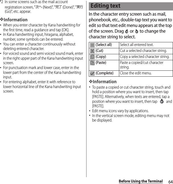 64Before Using the Terminal*2 In some screens such as the mail account registration screen, &quot;次へ (Next)&quot;, &quot;完了 (Done)&quot;, &quot;実行 (Go)&quot;, etc. appear.❖Information･When you enter character by Kana handwriting for the first time, read a guidance and tap [OK].･In Kana handwriting input, hiragana, alphabet, number, some symbols can be entered.･You can enter a character continuously without deleting entered character.･For voiced sound and semi voiced sound mark, enter in the right upper part of the Kana handwriting input screen.･For punctuation mark and lower case, enter in the lower part from the center of the Kana handwriting input.･For entering alphabet, enter it with reference to lower horizontal line of the Kana handwriting input screen.In the character entry screen such as mail, phonebook, etc., double-tap text you want to edit so that text edit menu appears at the top of the screen. Drag   or   to change the character string to select.❖Information･To paste a copied or cut character string, touch and hold a position where you want to insert, then tap [PASTE]. Alternatively, when texts are entered, tap a position where you want to insert, then tap   and [PASTE].･Edit menu icons vary by applications.･In the vertical screen mode, editing menu may not be displayed.Editing text (Select all)Select all entered text. (Cut)Cut a selected character string. (Copy)Copy a selected character string. (Paste)Paste a copied/cut character string. (Complete)Close the edit menu.