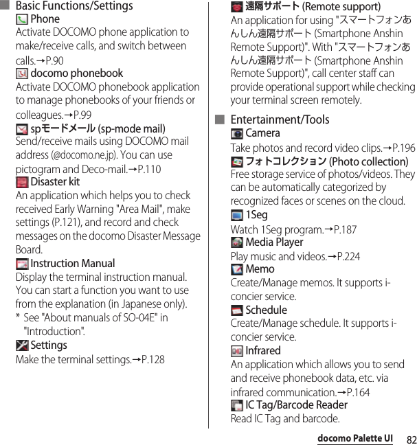 82docomo Palette UI■ Basic Functions/Settings PhoneActivate DOCOMO phone application to make/receive calls, and switch between calls.→P.90 docomo phonebookActivate DOCOMO phonebook application to manage phonebooks of your friends or colleagues.→P.99 spモードメール (sp-mode mail)Send/receive mails using DOCOMO mail address (@docomo.ne.jp). You can use pictogram and Deco-mail.→P.110 Disaster kitAn application which helps you to check received Early Warning &quot;Area Mail&quot;, make settings (P.121), and record and check messages on the docomo Disaster Message Board. Instruction ManualDisplay the terminal instruction manual. You can start a function you want to use from the explanation (in Japanese only).* See &quot;About manuals of SO-04E&quot; in &quot;Introduction&quot;. SettingsMake the terminal settings.→P.128 遠隔サポート (Remote support)An application for using &quot;スマートフォンあんしん遠隔サポート (Smartphone Anshin Remote Support)&quot;. With &quot;スマートフォンあんしん遠隔サポート (Smartphone Anshin Remote Support)&quot;, call center staff can provide operational support while checking your terminal screen remotely.■ Entertainment/Tools CameraTake photos and record video clips.→P.196 フォトコレクション (Photo collection)Free storage service of photos/videos. They can be automatically categorized by recognized faces or scenes on the cloud. 1SegWatch 1Seg program.→P.187 Media PlayerPlay music and videos.→P.224 MemoCreate/Manage memos. It supports i-concier service. ScheduleCreate/Manage schedule. It supports i-concier service. InfraredAn application which allows you to send and receive phonebook data, etc. via infrared communication.→P.164 IC Tag/Barcode ReaderRead IC Tag and barcode.