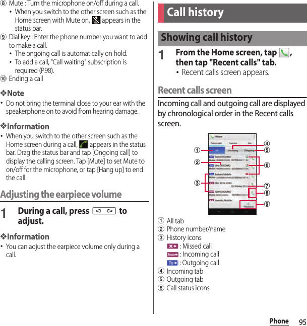 95PhonehMute : Turn the microphone on/off during a call.･When you switch to the other screen such as the Home screen with Mute on,   appears in the status bar.iDial key : Enter the phone number you want to add to make a call.･The ongoing call is automatically on hold.･To add a call, &quot;Call waiting&quot; subscription is required (P.98).jEnding a call❖Note･Do not bring the terminal close to your ear with the speakerphone on to avoid from hearing damage.❖Information･When you switch to the other screen such as the Home screen during a call,   appears in the status bar. Drag the status bar and tap [Ongoing call] to display the calling screen. Tap [Mute] to set Mute to on/off for the microphone, or tap [Hang up] to end the call.Adjusting the earpiece volume1During a call, press m to adjust.❖Information･You can adjust the earpiece volume only during a call.1From the Home screen, tap  , then tap &quot;Recent calls&quot; tab.･Recent calls screen appears.Recent calls screenIncoming call and outgoing call are displayed by chronological order in the Recent calls screen.aAll tabbPhone number/namecHistory icons : Missed call : Incoming call : Outgoing calldIncoming tabeOutgoing tabfCall status iconsCall historyShowing call historyabcegidhf