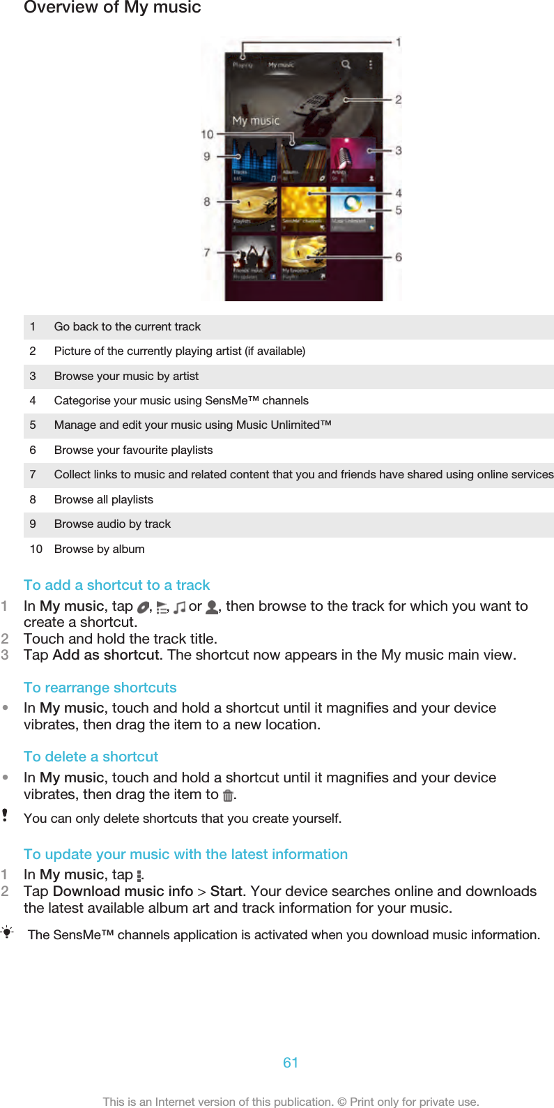 Overview of My music1 Go back to the current track2 Picture of the currently playing artist (if available)3 Browse your music by artist4 Categorise your music using SensMe™ channels5 Manage and edit your music using Music Unlimited™6 Browse your favourite playlists7 Collect links to music and related content that you and friends have shared using online services8 Browse all playlists9 Browse audio by track10 Browse by albumTo add a shortcut to a track1In My music, tap  ,  ,   or  , then browse to the track for which you want tocreate a shortcut.2Touch and hold the track title.3Tap Add as shortcut. The shortcut now appears in the My music main view.To rearrange shortcuts•In My music, touch and hold a shortcut until it magnifies and your devicevibrates, then drag the item to a new location.To delete a shortcut•In My music, touch and hold a shortcut until it magnifies and your devicevibrates, then drag the item to  .You can only delete shortcuts that you create yourself.To update your music with the latest information1In My music, tap  .2Tap Download music info &gt; Start. Your device searches online and downloadsthe latest available album art and track information for your music.The SensMe™ channels application is activated when you download music information.61This is an Internet version of this publication. © Print only for private use.