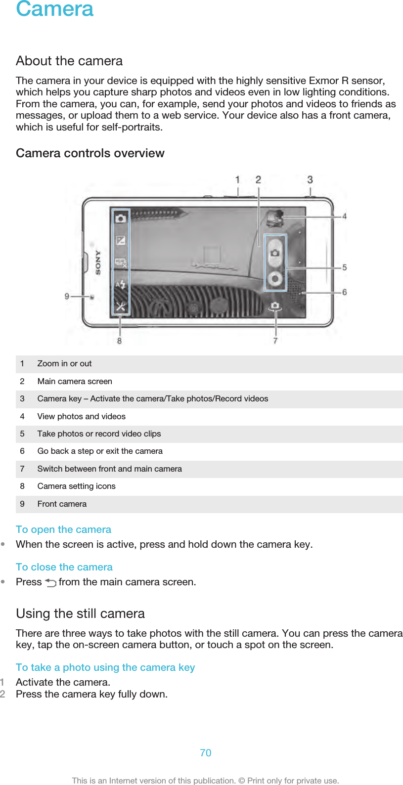 CameraAbout the cameraThe camera in your device is equipped with the highly sensitive Exmor R sensor,which helps you capture sharp photos and videos even in low lighting conditions.From the camera, you can, for example, send your photos and videos to friends asmessages, or upload them to a web service. Your device also has a front camera,which is useful for self-portraits.Camera controls overview1Zoom in or out2 Main camera screen3 Camera key – Activate the camera/Take photos/Record videos4 View photos and videos5 Take photos or record video clips6 Go back a step or exit the camera7 Switch between front and main camera8 Camera setting icons9 Front cameraTo open the camera•When the screen is active, press and hold down the camera key.To close the camera•Press   from the main camera screen.Using the still cameraThere are three ways to take photos with the still camera. You can press the camerakey, tap the on-screen camera button, or touch a spot on the screen.To take a photo using the camera key1Activate the camera.2Press the camera key fully down.70This is an Internet version of this publication. © Print only for private use.