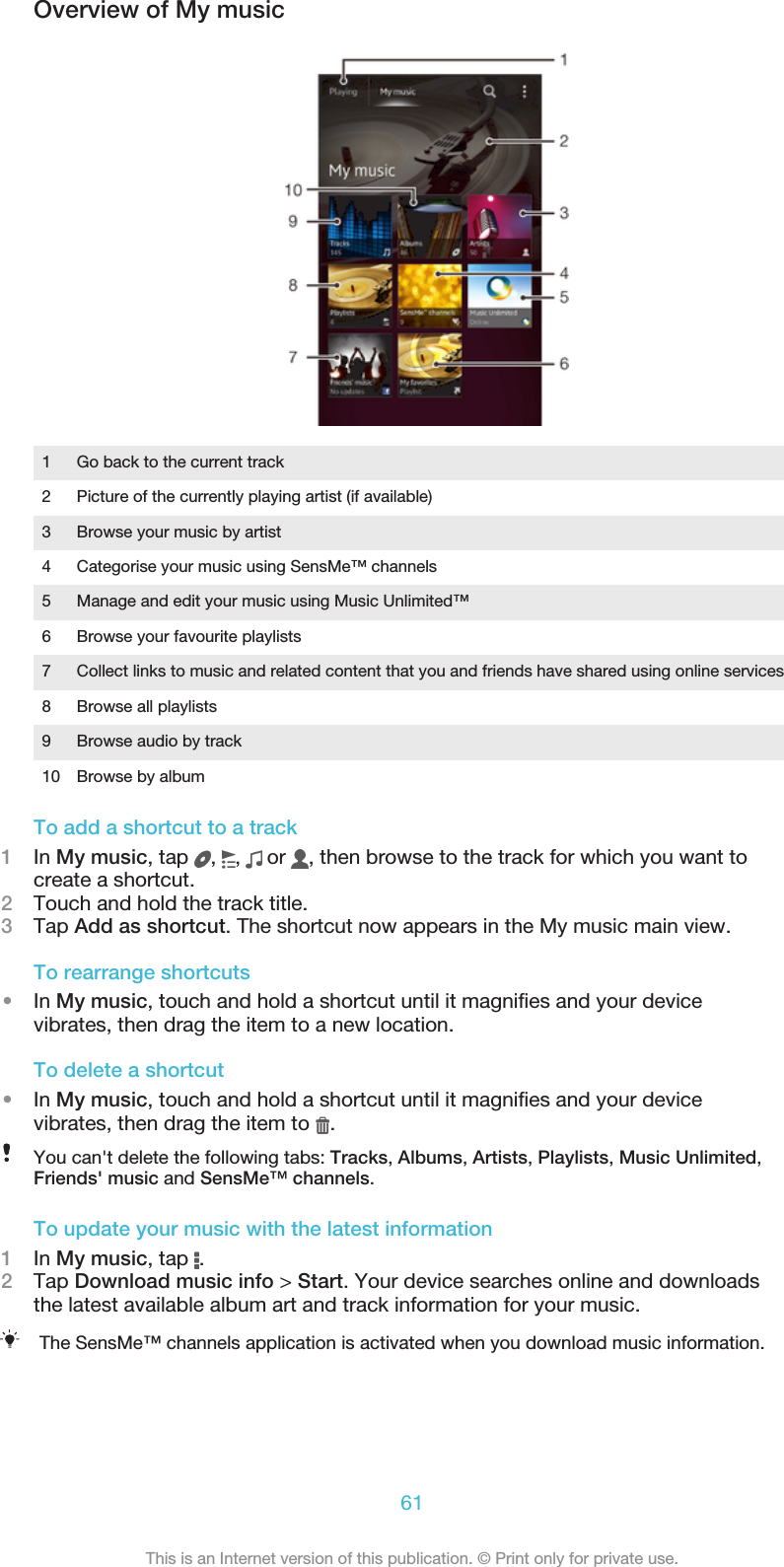Overview of My music1 Go back to the current track2 Picture of the currently playing artist (if available)3 Browse your music by artist4 Categorise your music using SensMe™ channels5 Manage and edit your music using Music Unlimited™6 Browse your favourite playlists7 Collect links to music and related content that you and friends have shared using online services8 Browse all playlists9 Browse audio by track10 Browse by albumTo add a shortcut to a track1In My music, tap  ,  ,   or  , then browse to the track for which you want tocreate a shortcut.2Touch and hold the track title.3Tap Add as shortcut. The shortcut now appears in the My music main view.To rearrange shortcuts•In My music, touch and hold a shortcut until it magnifies and your devicevibrates, then drag the item to a new location.To delete a shortcut•In My music, touch and hold a shortcut until it magnifies and your devicevibrates, then drag the item to  .You can&apos;t delete the following tabs: Tracks, Albums, Artists, Playlists, Music Unlimited,Friends&apos; music and SensMe™ channels.To update your music with the latest information1In My music, tap  .2Tap Download music info &gt; Start. Your device searches online and downloadsthe latest available album art and track information for your music.The SensMe™ channels application is activated when you download music information.61This is an Internet version of this publication. © Print only for private use.