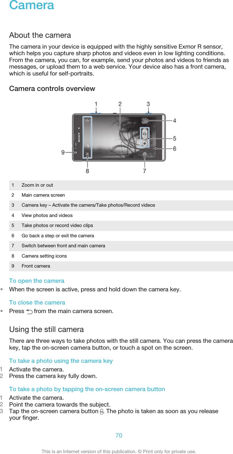 CameraAbout the cameraThe camera in your device is equipped with the highly sensitive Exmor R sensor,which helps you capture sharp photos and videos even in low lighting conditions.From the camera, you can, for example, send your photos and videos to friends asmessages, or upload them to a web service. Your device also has a front camera,which is useful for self-portraits.Camera controls overview1Zoom in or out2 Main camera screen3 Camera key – Activate the camera/Take photos/Record videos4 View photos and videos5 Take photos or record video clips6 Go back a step or exit the camera7 Switch between front and main camera8 Camera setting icons9 Front cameraTo open the camera•When the screen is active, press and hold down the camera key.To close the camera•Press   from the main camera screen.Using the still cameraThere are three ways to take photos with the still camera. You can press the camerakey, tap the on-screen camera button, or touch a spot on the screen.To take a photo using the camera key1Activate the camera.2Press the camera key fully down.To take a photo by tapping the on-screen camera button1Activate the camera.2Point the camera towards the subject.3Tap the on-screen camera button  . The photo is taken as soon as you releaseyour finger.70This is an Internet version of this publication. © Print only for private use.