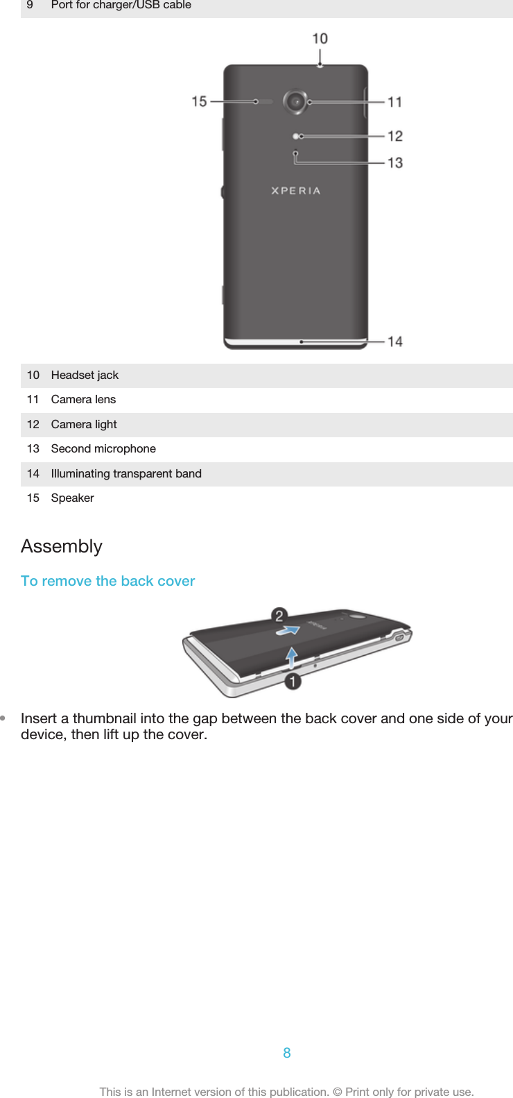 9 Port for charger/USB cable10 Headset jack11 Camera lens12 Camera light13 Second microphone14 Illuminating transparent band15 SpeakerAssemblyTo remove the back cover•Insert a thumbnail into the gap between the back cover and one side of yourdevice, then lift up the cover.8This is an Internet version of this publication. © Print only for private use.