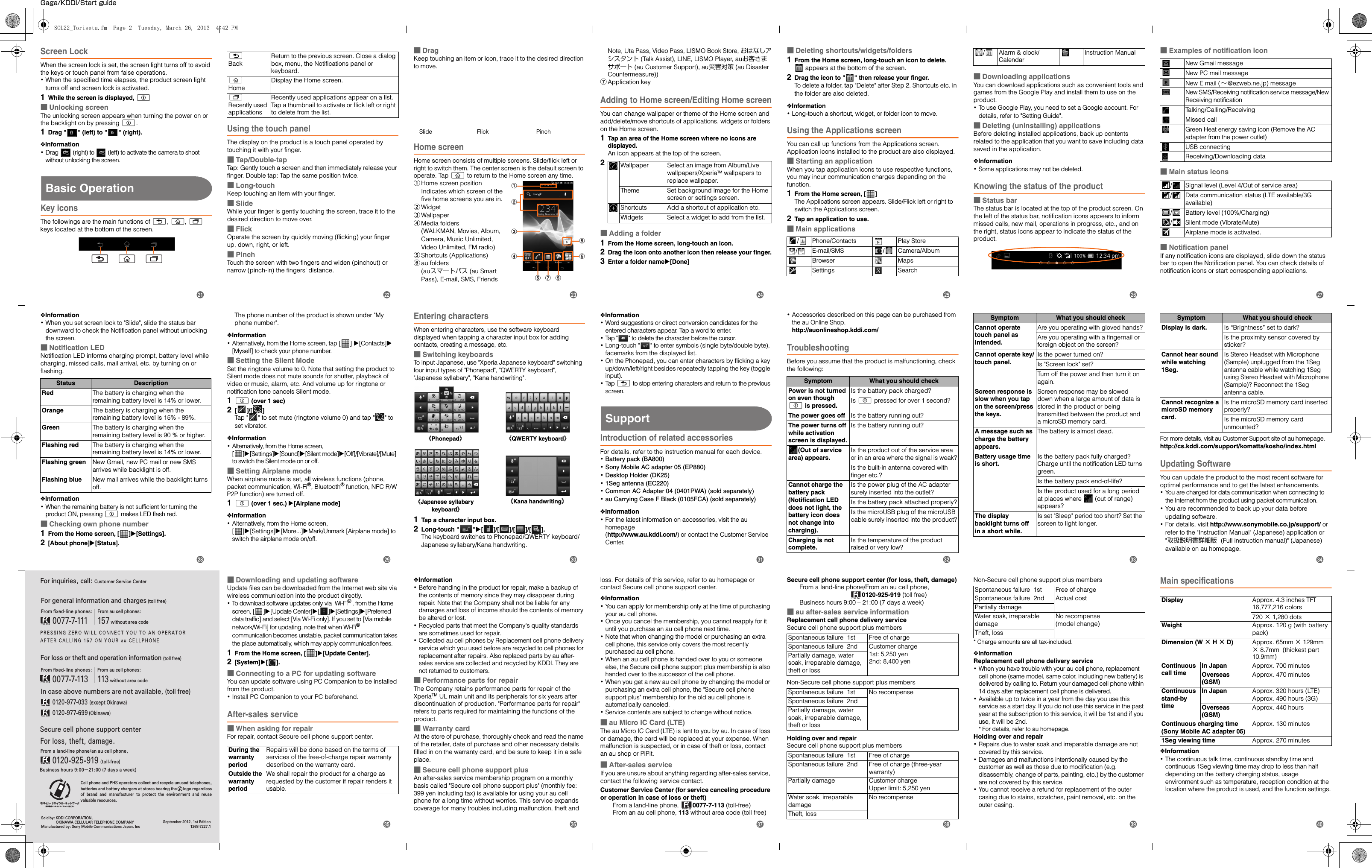 For inquiries, call: Customer Service CenterFor general information and charges (toll free)For loss or theft and operation information (toll free)In case above numbers are not available, (toll free)       0120-977-033 (except Okinawa)       0120-977-699 (Okinawa)From au cell phones:113 without area codeFrom ﬁxed-line phones:       0077-7-113From ﬁxed-line phones:       0077-7-111From au cell phones:157 without area codeSold by: KDDI CORPORATION,                OKINAWA CELLULAR TELEPHONE COMPANYManufactured by: Sony Mobile Communications Japan, IncSeptember 2012, 1st Edition1268-7227.1Cell phone and PHS operators collect and recycle unused telephones, batteries and battery chargers at stores bearing the      logo regardless of  brand  and  manufacturer  to  protect  the  environment  and  reuse valuable resources.Secure cell phone support centerFor loss, theft, damage.From a land-line phone/an au cell phone,0120-925-919 (toll-free)Business hours 9:00−21:00 (7 days a week)Gaga/KDDI/Start guideScreen LockWhen the screen lock is set, the screen light turns off to avoid the keys or touch panel from false operations.･When the specified time elapses, the product screen light turns off and screen lock is activated.1While the screen is displayed, p■Unlocking screenThe unlocking screen appears when turning the power on or the backlight on by pressing p.1Drag &quot; &quot; (left) to &quot; &quot; (right).❖Information･Drag   (right) to   (left) to activate the camera to shoot without unlocking the screen.Basic OperationKey iconsThe followings are the main functions of x, y, r keys located at the bottom of the screen.Using the touch panelThe display on the product is a touch panel operated by touching it with your finger.■Tap/Double-tapTap: Gently touch a screen and then immediately release your finger. Double tap: Tap the same position twice.■Long-touchKeep touching an item with your finger.■SlideWhile your finger is gently touching the screen, trace it to the desired direction to move over.■FlickOperate the screen by quickly moving (flicking) your finger up, down, right, or left.■PinchTouch the screen with two fingers and widen (pinchout) or narrow (pinch-in) the fingers&apos; distance.■DragKeep touching an item or icon, trace it to the desired direction to move.Home screenHome screen consists of multiple screens. Slide/flick left or right to switch them. The center screen is the default screen to operate. Tap y to return to the Home screen any time.aHome screen positionIndicates which screen of the five home screens you are in.bWidgetcWallpaperdMedia folders (WALKMAN, Movies, Album, Camera, Music Unlimited, Video Unlimited, FM radio)eShortcuts (Applications)fau folders (auスマートパス (au Smart Pass), E-mail, SMS, Friends Note, Uta Pass, Video Pass, LISMO Book Store, おはなしアシスタント (Talk Assist), LINE, LISMO Player, auお客さまサポート (au Customer Support), au災害対策 (au Disaster Countermeasure))gApplication keyAdding to Home screen/Editing Home screenYou can change wallpaper or theme of the Home screen and add/delete/move shortcuts of applications, widgets or folders on the Home screen.1Tap an area of the Home screen where no icons are displayed.An icon appears at the top of the screen.■Adding a folder1From the Home screen, long-touch an icon.2Drag the icon onto another icon then release your finger.3Enter a folder nameu[Done]■Deleting shortcuts/widgets/folders1From the Home screen, long-touch an icon to delete. appears at the bottom of the screen.2Drag the icon to &quot; &quot; then release your finger.To delete a folder, tap &quot;Delete&quot; after Step 2. Shortcuts etc. in the folder are also deleted.❖Information･Long-touch a shortcut, widget, or folder icon to move.Using the Applications screenYou can call up functions from the Applications screen. Application icons installed to the product are also displayed.■Starting an applicationWhen you tap application icons to use respective functions, you may incur communication charges depending on the function.1From the Home screen, [ ]The Applications screen appears. Slide/Flick left or right to switch the Applications screen.2Tap an application to use.■Main applications■Downloading applicationsYou can download applications such as convenient tools and games from the Google Play and install them to use on the product.･To use Google Play, you need to set a Google account. For details, refer to &quot;Setting Guide&quot;.■Deleting (uninstalling) applicationsBefore deleting installed applications, back up contents related to the application that you want to save including data saved in the application.❖Information･Some applications may not be deleted.Knowing the status of the product■Status barThe status bar is located at the top of the product screen. On the left of the status bar, notification icons appears to inform missed calls, new mail, operations in progress, etc., and on the right, status icons appear to indicate the status of the product.■Examples of notification icon■Main status icons■Notification panelIf any notification icons are displayed, slide down the status bar to open the Notification panel. You can check details of notification icons or start corresponding applications.xx y rxBackReturn to the previous screen. Close a dialog box, menu, the Notifications panel or keyboard.yHomeDisplay the Home screen.rRecently used applicationsRecently used applications appear on a list. Tap a thumbnail to activate or flick left or right to delete from the list.Slide PinchFlickabfcdegee2 Wallpaper Select an image from Album/Live wallpapers/XperiaTM wallpapers to replace wallpaper.Theme Set background image for the Home screen or settings screen.Shortcuts Add a shortcut of application etc.Widgets Select a widget to add from the list./ Phone/Contacts Play Store/ E-mail/SMS / Camera/AlbumBrowser MapsSettings Search/Alarm &amp; clock/CalendarInstruction ManualNew Gmail messageNew PC mail messageNew E mail (∼@ezweb.ne.jp) messageNew SMS/Receiving notification service message/New Receiving notificationTalking/Calling/ReceivingMissed callGreen Heat energy saving icon (Remove the AC adapter from the power outlet)USB connectingReceiving/Downloading data/ Signal level (Level 4/Out of service area)/ Data communication status (LTE available/3G available)/ Battery level (100%/Charging)/ Silent mode (Vibrate/Mute)Airplane mode is activated.❖Information･When you set screen lock to &quot;Slide&quot;, slide the status bar downward to check the Notification panel without unlocking the screen.■Notification LEDNotification LED informs charging prompt, battery level while charging, missed calls, mail arrival, etc. by turning on or flashing.❖Information･When the remaining battery is not sufficient for turning the product ON, pressing p makes LED flash red.■Checking own phone number1From the Home screen, [ ]X[Settings].2[About phone]X[Status].The phone number of the product is shown under &quot;My phone number&quot;.❖Information･Alternatively, from the Home screen, tap [ ] X[Contacts]X [Myself] to check your phone number.■Setting the Silent ModeSet the ringtone volume to 0. Note that setting the product to Silent mode does not mute sounds for shutter, playback of video or music, alarm, etc. And volume up for ringtone or notification tone cancels Silent mode.1p (over 1 sec)2[]/[]Tap &quot; &quot; to set mute (ringtone volume 0) and tap &quot; &quot; to set vibrator.❖Information･Alternatively, from the Home screen, []u[Settings]u[Sound]u[Silent mode]u[Off]/[Vibrate]/[Mute] to switch the Silent mode on or off.■Setting Airplane modeWhen airplane mode is set, all wireless functions (phone, packet communication, Wi-Fi®, Bluetooth® function, NFC R/W P2P function) are turned off.1p (over 1 sec.) u[Airplane mode]❖Information･Alternatively, from the Home screen, []u[Settings]u[More...]uMark/Unmark [Airplane mode] to switch the airplane mode on/off.Entering charactersWhen entering characters, use the software keyboard displayed when tapping a character input box for adding contacts, creating a message, etc.■Switching keyboardsTo input Japanese, use &quot;Xperia Japanese keyboard&quot; switching four input types of &quot;Phonepad&quot;, &quot;QWERTY keyboard&quot;, &quot;Japanese syllabary&quot;, &quot;Kana handwriting&quot;.1Tap a character input box.2Long-touch &quot; &quot;X[]/[]/[]/[].The keyboard switches to Phonepad/QWERTY keyboard/Japanese syllabary/Kana handwriting.❖Information･Word suggestions or direct conversion candidates for the entered characters appear. Tap a word to enter.･Tap &quot; &quot; to delete the character before the cursor.･Long-touch &quot; &quot; to enter symbols (single byte/double byte), facemarks from the displayed list.･On the Phonepad, you can enter characters by flicking a key up/down/left/right besides repeatedly tapping the key (toggle input).･Ta p  x to stop entering characters and return to the previous screen.SupportIntroduction of related accessoriesFor details, refer to the instruction manual for each device.･Battery pack (BA800)･Sony Mobile AC adapter 05 (EP880)･Desktop Holder (DK25)･1Seg antenna (EC220)･Common AC Adapter 04 (0401PWA) (sold separately)･au Carrying Case F Black (0105FCA) (sold separately)❖Information･For the latest information on accessories, visit the au homepage (http://www.au.kddi.com/) or contact the Customer Service Center.･Accessories described on this page can be purchased from the au Online Shop.http://auonlineshop.kddi.com/TroubleshootingBefore you assume that the product is malfunctioning, check the following:For more details, visit au Customer Support site of au homepage.http://cs.kddi.com/support/komatta/kosho/index.htmlUpdating SoftwareYou can update the product to the most recent software for optimal performance and to get the latest enhancements.･You are charged for data communication when connecting to the Internet from the product using packet communication.･You are recommended to back up your data before updating software.･For details, visit http://www.sonymobile.co.jp/support/ or refer to the &quot;Instruction Manual&quot; (Japanese) application or &quot;取扱説明書詳細版  (Full instruction manual)&quot; (Japanese) available on au homepage.Status DescriptionRed The battery is charging when the remaining battery level is 14% or lower.Orange The battery is charging when the remaining battery level is 15% - 89%.Green The battery is charging when the remaining battery level is 90 % or higher.Flashing red The battery is charging when the remaining battery level is 14% or lower.Flashing green New Gmail, new PC mail or new SMS arrives while backlight is off.Flashing blue New mail arrives while the backlight turns off.《QWERTY keyboard》《Phonepad》《Japanese syllabary keyboard》《Kana handwriting》Symptom What you should checkPower is not turned on even though p is pressed.Is the battery pack charged?Is p pressed for over 1 second?The power goes off Is the battery running out?The power turns off while activation screen is displayed.Is the battery running out?(Out of service area) appears.Is the product out of the service area or in an area where the signal is weak?Is the built-in antenna covered with finger etc.?Cannot charge the battery pack (Notification LED does not light, the battery icon does not change into charging).Is the power plug of the AC adapter surely inserted into the outlet?Is the battery pack attached properly?Is the microUSB plug of the microUSB cable surely inserted into the product?Charging is not complete.Is the temperature of the product raised or very low?Cannot operate touch panel as intended.Are you operating with gloved hands?Are you operating with a fingernail or foreign object on the screen?Cannot operate key/touch panel.Is the power turned on?Is &quot;Screen lock&quot; set?Turn off the power and then turn it on again.Screen response is slow when you tap on the screen/press the keys.Screen response may be slowed down when a large amount of data is stored in the product or being transmitted between the product and a microSD memory card.A message such as charge the battery appears.The battery is almost dead.Battery usage time is short.Is the battery pack fully charged? Charge until the notification LED turns green.Is the battery pack end-of-life?Is the product used for a long period at places where   (out of range) appears?The display backlight turns off in a short while.Is set &quot;Sleep&quot; period too short? Set the screen to light longer.Symptom What you should checkDisplay is dark. Is “Brightness” set to dark?Is the proximity sensor covered by sticker?Cannot hear sound while watching 1Seg.Is Stereo Headset with Microphone (Sample) unplugged from the 1Seg antenna cable while watching 1Seg using Stereo Headset with Microphone (Sample)? Reconnect the 1Seg antenna cable.Cannot recognize a microSD memory card.Is the microSD memory card inserted properly?Is the microSD memory card unmounted?Symptom What you should check■Downloading and updating softwareUpdate files can be downloaded from the Internet web site via wireless communication into the product directly.･To download software updates only via  Wi-Fi®, from the Home screen, [ ]X[Update Center]X[]X[Settings]X[Preferred data traffic] and select [Via Wi-Fi only]. If you set to [Via mobile network/Wi-Fi] for updating, note that when Wi-Fi® communication becomes unstable, packet communication takes the place automatically, which may apply communication fees.1From the Home screen, [ ]X[Update Center].2[System]X[].■Connecting to a PC for updating softwareYou can update software using PC Companion to be installed from the product.･Install PC Companion to your PC beforehand.After-sales service■When asking for repairFor repair, contact Secure cell phone support center.❖Information･Before handing in the product for repair, make a backup of the contents of memory since they may disappear during repair. Note that the Company shall not be liable for any damages and loss of income should the contents of memory be altered or lost.･Recycled parts that meet the Company&apos;s quality standards are sometimes used for repair.･Collected au cell phones by Replacement cell phone delivery service which you used before are recycled to cell phones for replacement after repairs. Also replaced parts by au after-sales service are collected and recycled by KDDI. They are not returned to customers.■Performance parts for repairThe Company retains performance parts for repair of the XperiaTM UL main unit and its peripherals for six years after discontinuation of production. &quot;Performance parts for repair&quot; refers to parts required for maintaining the functions of the product.■Warranty cardAt the store of purchase, thoroughly check and read the name of the retailer, date of purchase and other necessary details filled in on the warranty card, and be sure to keep it in a safe place.■Secure cell phone support plusAn after-sales service membership program on a monthly basis called &quot;Secure cell phone support plus&quot; (monthly fee: 399 yen including tax) is available for using your au cell phone for a long time without worries. This service expands coverage for many troubles including malfunction, theft and loss. For details of this service, refer to au homepage or contact Secure cell phone support center.❖Information･You can apply for membership only at the time of purchasing your au cell phone.･Once you cancel the membership, you cannot reapply for it until you purchase an au cell phone next time.･Note that when changing the model or purchasing an extra cell phone, this service only covers the most recently purchased au cell phone.･When an au cell phone is handed over to you or someone else, the Secure cell phone support plus membership is also handed over to the successor of the cell phone.･When you get a new au cell phone by changing the model or purchasing an extra cell phone, the &quot;Secure cell phone support plus&quot; membership for the old au cell phone is automatically canceled.･Service contents are subject to change without notice.■au Micro IC Card (LTE)The au Micro IC Card (LTE) is lent to you by au. In case of loss or damage, the card will be replaced at your expense. When malfunction is suspected, or in case of theft or loss, contact an au shop or PiPit.■After-sales serviceIf you are unsure about anything regarding after-sales service, contact the following service contact.Customer Service Center (for service canceling procedure or operation in case of loss or theft)From a land-line phone,  0077-7-113 (toll-free)From an au cell phone, 113 without area code (toll free)Secure cell phone support center (for loss, theft, damage) From a land-line phone/From an au cell phone,0120-925-919 (toll free)Business hours 9:00 – 21:00 (7 days a week)■au after-sales service informationReplacement cell phone delivery serviceSecure cell phone support plus membersNon-Secure cell phone support plus membersHolding over and repairSecure cell phone support plus membersNon-Secure cell phone support plus members* Charge amounts are all tax-included.❖InformationReplacement cell phone delivery service･When you have trouble with your au cell phone, replacement cell phone (same model, same color, including new battery) is delivered by calling to. Return your damaged cell phone within 14 days after replacement cell phone is delivered.･Available up to twice in a year from the day you use this service as a start day. If you do not use this service in the past year at the subscription to this service, it will be 1st and if you use, it will be 2nd.* For details, refer to au homepage.Holding over and repair ･Repairs due to water soak and irreparable damage are not covered by this service. ･Damages and malfunctions intentionally caused by the customer as well as those due to modification (e.g. disassembly, change of parts, painting, etc.) by the customer are not covered by this service.･You cannot receive a refund for replacement of the outer casing due to stains, scratches, paint removal, etc. on the outer casing.Main specifications❖Information･The continuous talk time, continuous standby time and continuous 1Seg viewing time may drop to less than half depending on the battery charging status, usage environment such as temperature, reception condition at the location where the product is used, and the function settings.During the warranty periodRepairs will be done based on the terms of services of the free-of-charge repair warranty described on the warranty card.Outside the warranty periodWe shall repair the product for a charge as requested by the customer if repair renders it usable.Spontaneous failure  1st Free of chargeSpontaneous failure  2nd Customer charge1st: 5,250 yen2nd: 8,400 yenPartially damage, water soak, irreparable damage, theft or lossSpontaneous failure  1st No recompenseSpontaneous failure  2ndPartially damage, water soak, irreparable damage, theft or lossSpontaneous failure  1st Free of chargeSpontaneous failure  2nd Free of charge (three-year warranty)Partially damage Customer chargeUpper limit: 5,250 yenWater soak, irreparable damageNo recompenseTheft, lossSpontaneous failure  1st Free of chargeSpontaneous failure  2nd Actual costPartially damageWater soak, irreparable damageNo recompense(model change)Theft, lossDisplay Approx. 4.3 inches TFT 16,777,216 colors720 × 1,280 dotsWeight Approx. 120 g (with battery pack)Dimension (W × H × D) Approx. 65mm × 129mm × 8.7mm  (thickest part 10.9mm)Continuous call timeIn Japan Approx. 700 minutesOverseas (GSM)Approx. 470 minutesContinuous stand-by timeIn Japan Approx. 320 hours (LTE)Approx. 490 hours (3G)Overseas (GSM)Approx. 440 hoursContinuous charging time (Sony Mobile AC adapter 05)Approx. 130 minutes1Seg viewing time Approx. 270 minuteswxyzADEFGHBCJKLMNuvISOL22_Torisetu.fm  Page 2  Tuesday, March 26, 2013  4:42 PM