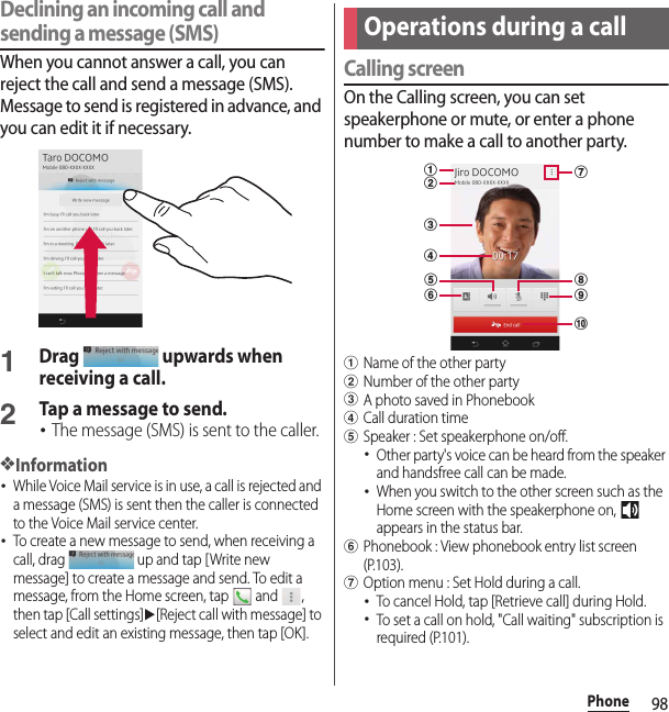 98PhoneDeclining an incoming call and sending a message (SMS)When you cannot answer a call, you can reject the call and send a message (SMS). Message to send is registered in advance, and you can edit it if necessary.1Drag  upwards when receiving a call.2Tap a message to send.･The message (SMS) is sent to the caller.❖Information･While Voice Mail service is in use, a call is rejected and a message (SMS) is sent then the caller is connected to the Voice Mail service center.･To create a new message to send, when receiving a call, drag   up and tap [Write new message] to create a message and send. To edit a message, from the Home screen, tap   and  , then tap [Call settings]u[Reject call with message] to select and edit an existing message, then tap [OK].Calling screenOn the Calling screen, you can set speakerphone or mute, or enter a phone number to make a call to another party.aName of the other partybNumber of the other partycA photo saved in PhonebookdCall duration timeeSpeaker : Set speakerphone on/off.･Other party&apos;s voice can be heard from the speaker and handsfree call can be made.･When you switch to the other screen such as the Home screen with the speakerphone on,   appears in the status bar.fPhonebook : View phonebook entry list screen (P.103).gOption menu : Set Hold during a call.･To cancel Hold, tap [Retrieve call] during Hold.･To set a call on hold, &quot;Call waiting&quot; subscription is required (P.101).Operations during a callajicdhbgef