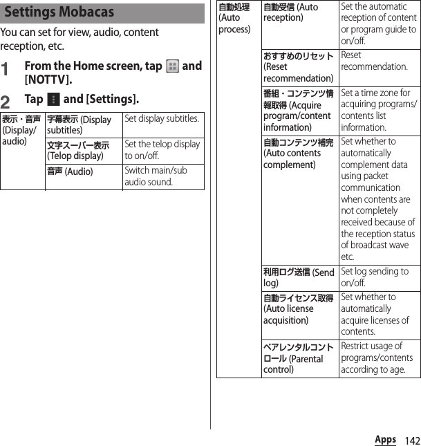 142AppsYou can set for view, audio, content reception, etc.1From the Home screen, tap   and [NOTTV].2Tap  and [Settings].Settings Mobacas表示・音声 (Display/audio)字幕表示 (Display subtitles)Set display subtitles.文字スーパー表示 (Telop display)Set the telop display to on/off.音声 (Audio)Switch main/sub audio sound.自動処理 (Auto process)自動受信 (Auto reception)Set the automatic reception of content or program guide to on/off.おすすめのリセット (Reset recommendation)Reset recommendation.番組・コンテンツ情報取得 (Acquire program/content information)Set a time zone for acquiring programs/contents list information.自動コンテンツ補完 (Auto contents complement)Set whether to automatically complement data using packet communication when contents are not completely received because of the reception status of broadcast wave etc.利用ログ送信 (Send log)Set log sending to on/off.自動ライセンス取得 (Auto license acquisition)Set whether to automatically acquire licenses of contents.ペアレンタルコントロール (Parental control)Restrict usage of programs/contents according to age.