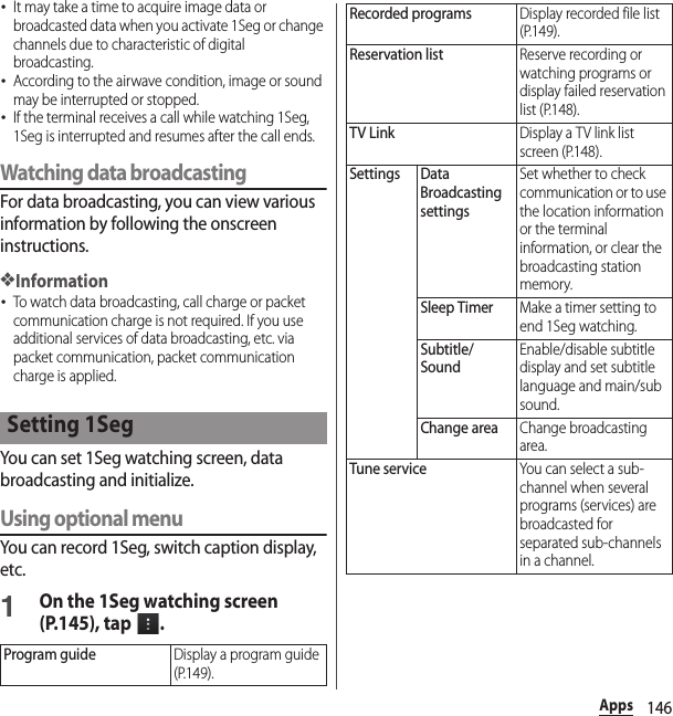 146Apps･It may take a time to acquire image data or broadcasted data when you activate 1Seg or change channels due to characteristic of digital broadcasting.･According to the airwave condition, image or sound may be interrupted or stopped.･If the terminal receives a call while watching 1Seg, 1Seg is interrupted and resumes after the call ends.Watching data broadcastingFor data broadcasting, you can view various information by following the onscreen instructions.❖Information･To watch data broadcasting, call charge or packet communication charge is not required. If you use additional services of data broadcasting, etc. via packet communication, packet communication charge is applied.You can set 1Seg watching screen, data broadcasting and initialize.Using optional menuYou can record 1Seg, switch caption display, etc.1On the 1Seg watching screen (P.145), tap  .Setting 1SegProgram guideDisplay a program guide (P.149).Recorded programsDisplay recorded file list (P.149).Reservation listReserve recording or watching programs or display failed reservation list (P.148).TV LinkDisplay a TV link list screen (P.148).Settings Data Broadcasting settingsSet whether to check communication or to use the location information or the terminal information, or clear the broadcasting station memory.Sleep TimerMake a timer setting to end 1Seg watching.Subtitle/SoundEnable/disable subtitle display and set subtitle language and main/sub sound.Change areaChange broadcasting area.Tune serviceYou can select a sub-channel when several programs (services) are broadcasted for separated sub-channels in a channel.