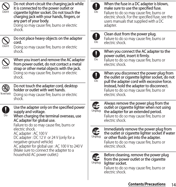 14Contents/PrecautionsDo not short-circuit the charging jack while it is connected to the power outlet or cigarette lighter socket. Do not touch the charging jack with your hands, fingers, or any part of your body.Doing so may cause fire, burns or electric shock.Do not place heavy objects on the adapter cord.Doing so may cause fire, burns or electric shock.When you insert and remove the AC adapter from power outlet, do not contact a metal strap or other metal objects with the jack.Doing so may cause fire, burns or electric shock.Do not touch the adapter cord, desktop holder or outlet with wet hands.Doing so may cause fire, burns or electric shock.Use the adapter only on the specified power supply and voltage.When charging the terminal overseas, use AC adapter for global use.Failure to do so may cause fire, burns or electric shock.AC adapter : AC 100 VDC adapter : DC 12 V  or 24 V (only for a negative-ground vehicle)AC adapter for global use : AC 100 V to 240 V (Make sure to connect the adapter to a household AC power outlet.)When the fuse in a DC adapter is blown, make sure to use the specified fuse.Failure to do so may cause fire, burns or electric shock. For the specified fuse, see the users manuals that supplied with a DC adapter.Clean dust from the power plug.Failure to do so may cause fire, burns or electric shock.When you connect the AC adapter to the power outlet, insert it firmly.Failure to do so may cause fire, burns or electric shock.When you disconnect the power plug from the outlet or cigarette lighter socket, do not pull the adapter cord with excessive force. Instead, hold the adapter to disconnect.Failure to do so may cause fire, burns or electric shock.Always remove the power plug from the outlet or cigarette lighter when not using the adapter for an extended period.Failure to do so may cause fire, burns or electric shock.Immediately remove the power plug from the outlet or cigarette lighter socket if water or other fluids get into the adapter.Failure to do so may cause fire, burns or electric shock.Before cleaning, remove the power plug from the power outlet or the cigarette lighter socket.Failure to do so may cause fire, burns or electric shock.Don’tDon’tDon’tNo wet handsDoDoDoDoDoUnplugUnplugUnplug