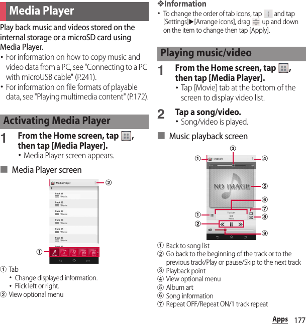 177AppsPlay back music and videos stored on the internal storage or a microSD card using Media Player.･For information on how to copy music and video data from a PC, see &quot;Connecting to a PC with microUSB cable&quot; (P.241).･For information on file formats of playable data, see &quot;Playing multimedia content&quot; (P.172).1From the Home screen, tap  , then tap [Media Player].･Media Player screen appears.■ Media Player screenaTab･Change displayed information.･Flick left or right.bView optional menu❖Information･To change the order of tab icons, tap   and tap [Settings]u[Arrange icons], drag   up and down on the item to change then tap [Apply].1From the Home screen, tap  , then tap [Media Player].･Tap [Movie] tab at the bottom of the screen to display video list.2Tap a song/video.･Song/video is played.■ Music playback screenaBack to song listbGo back to the beginning of the track or to the previous track/Play or pause/Skip to the next trackcPlayback pointdView optional menueAlbum artfSong informationgRepeat OFF/Repeat ON/1 track repeatMedia PlayerActivating Media PlayerabPlaying music/videoaacgefdibh